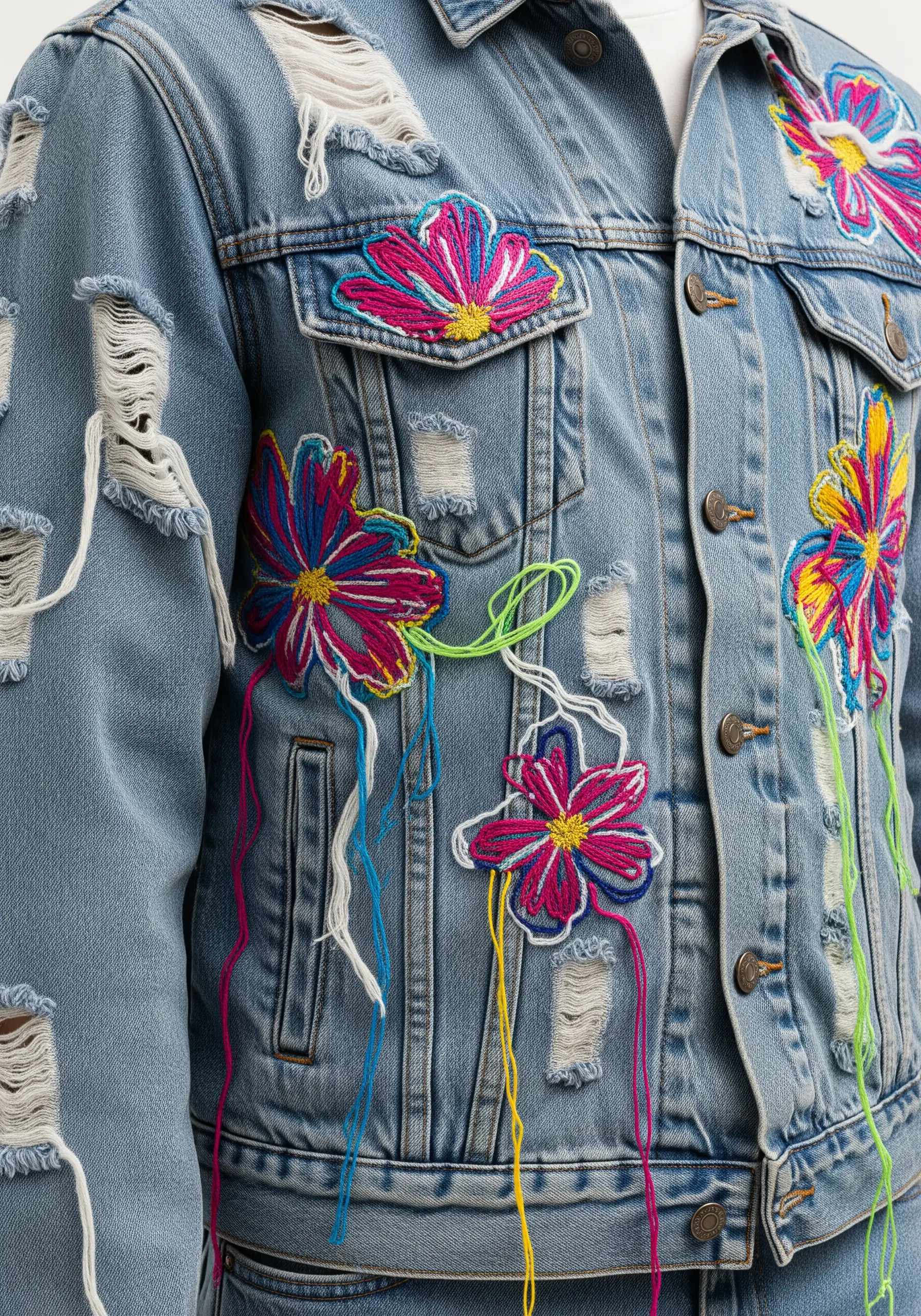 Abstract, sketchy floral embroidery with loose threads on a ripped denim jacket.