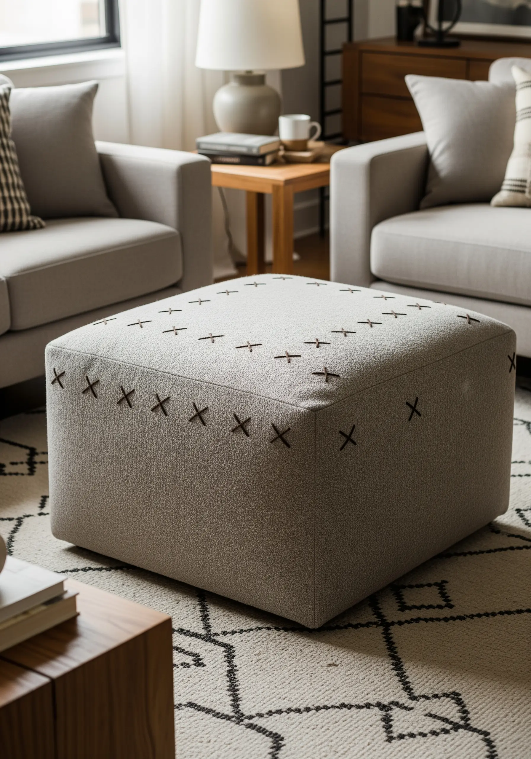 Large, dark brown cross stitches embroidered along the top edges of a light gray ottoman.