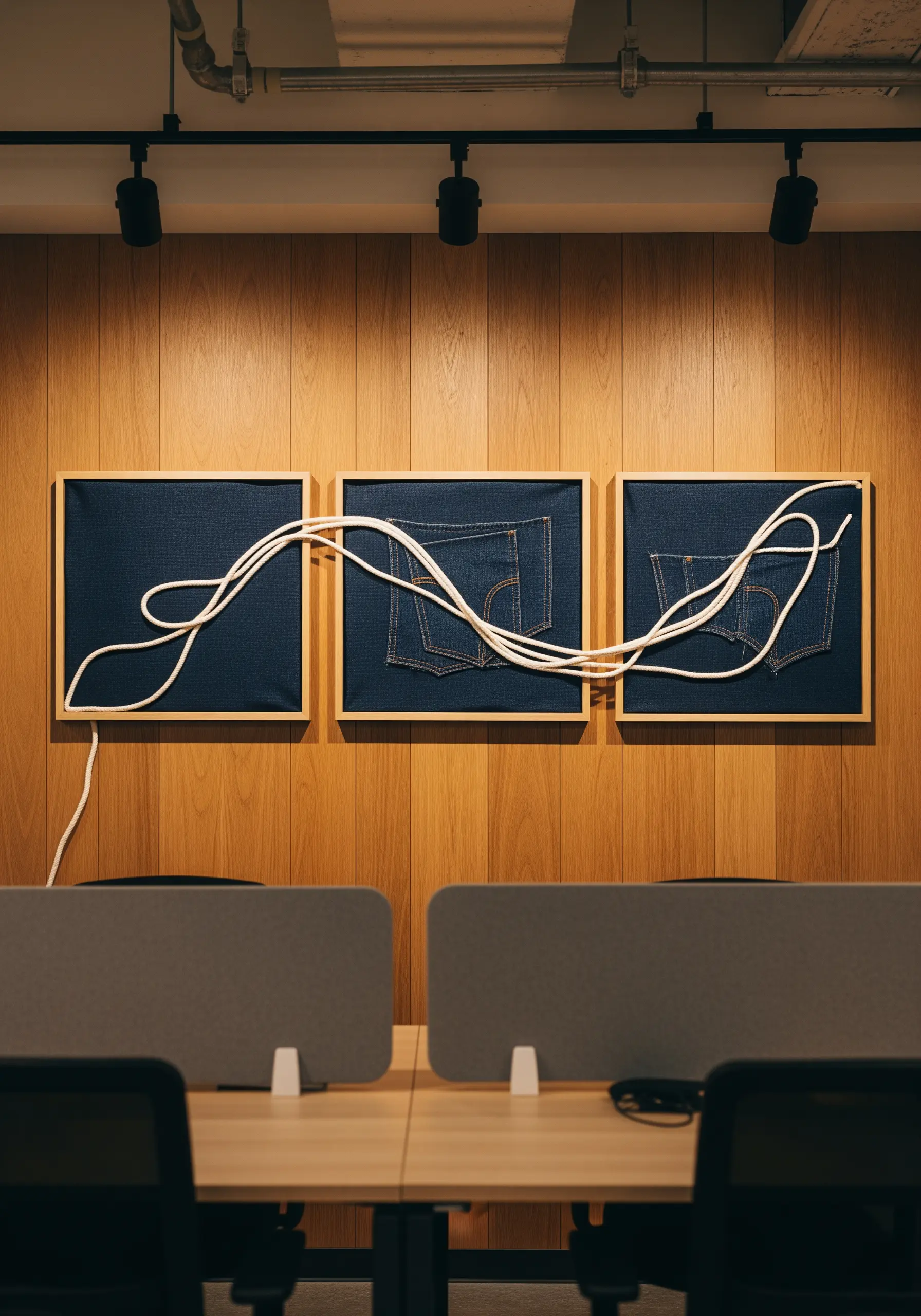 A triptych of framed denim with a single thick white cord flowing between the panels.
