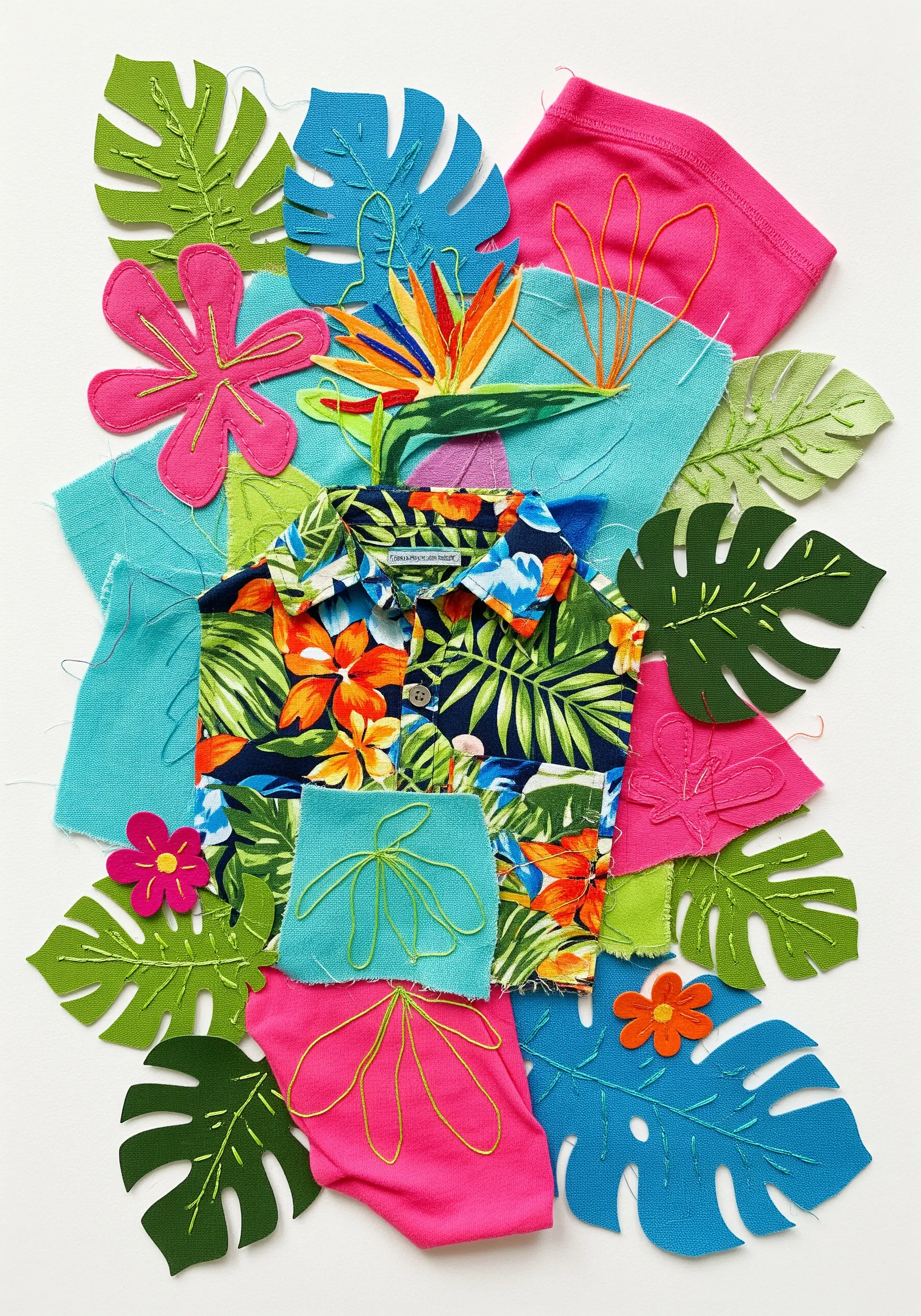 A collage of tropical-themed fabric cutouts, including a small shirt and various leaves.