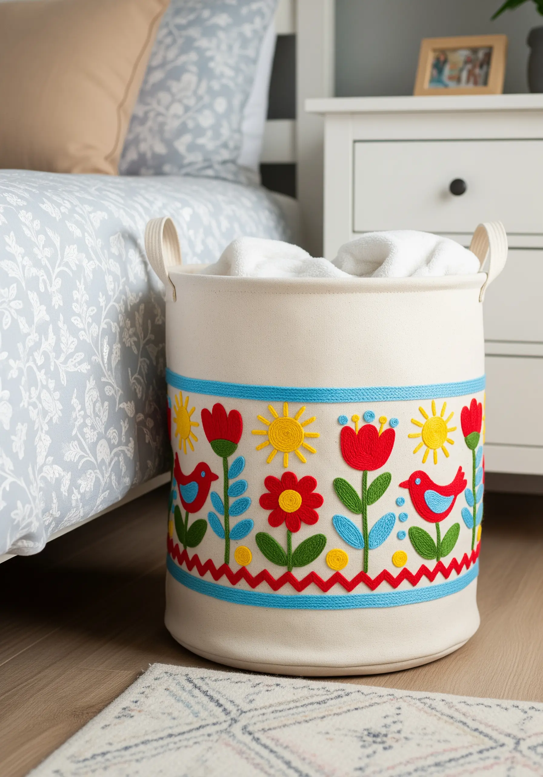 A canvas laundry basket decorated with a colorful band of felt appliqué flowers and birds.