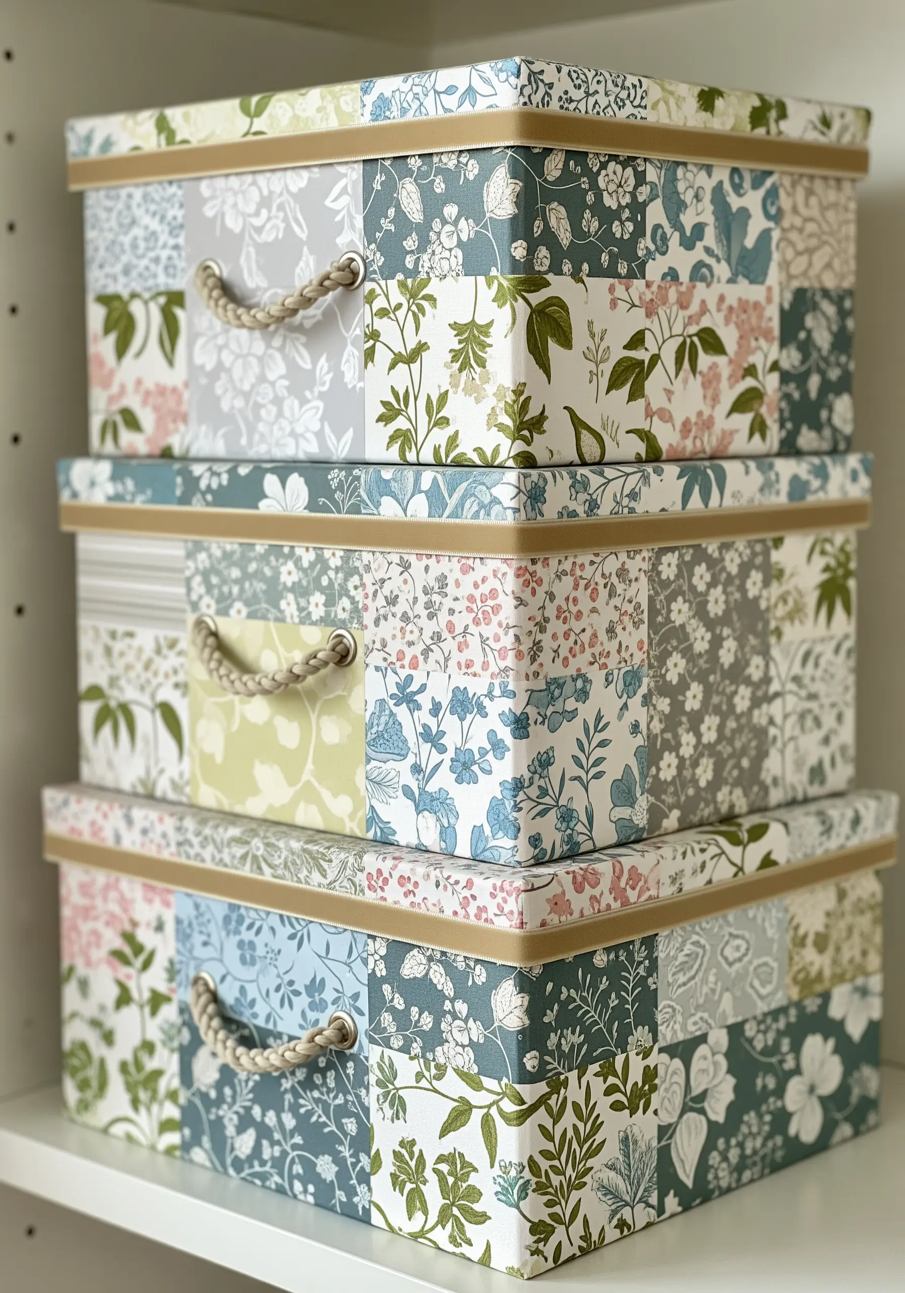 A stack of three storage boxes covered in a patchwork of floral and botanical fabrics.