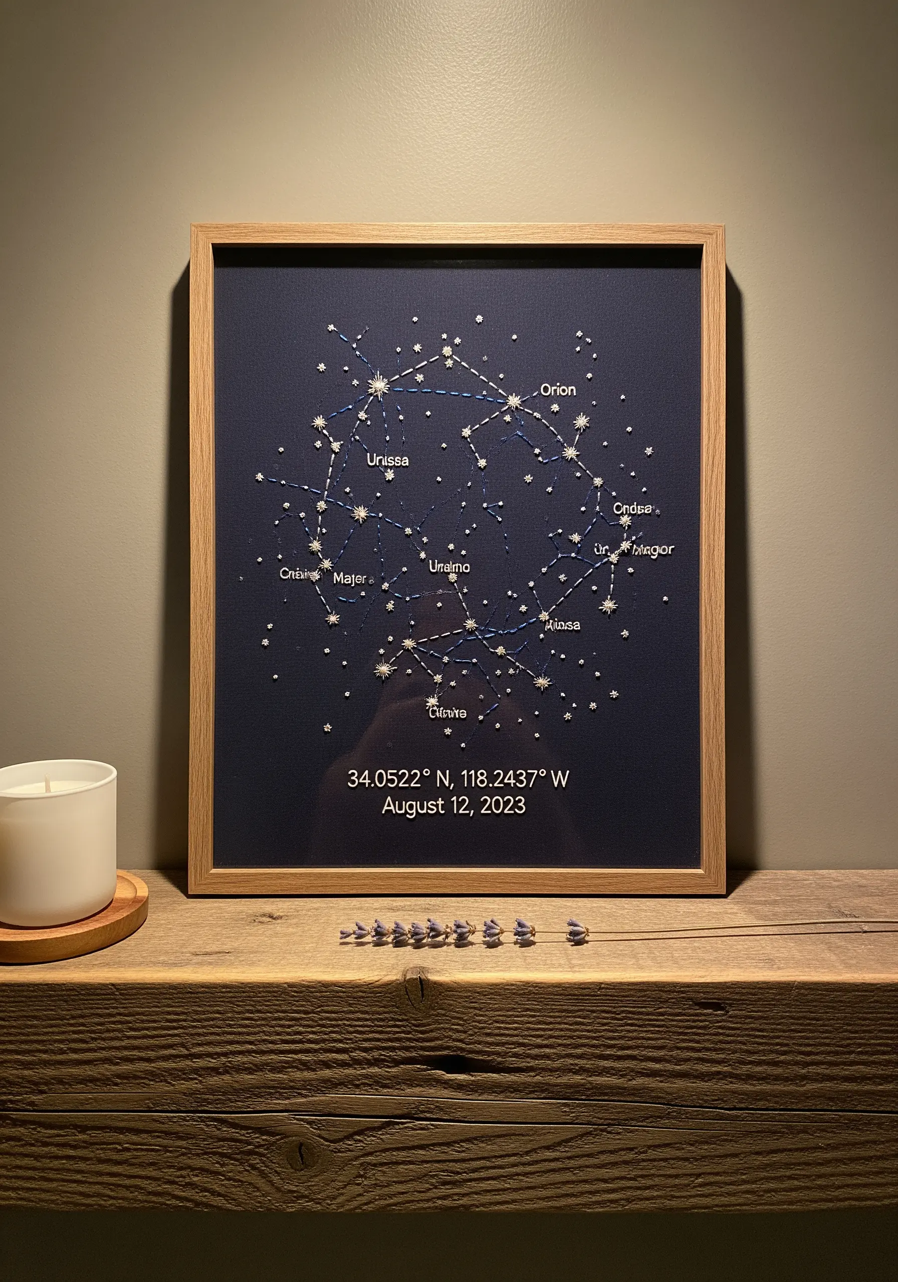 Framed embroidery of a constellation map
