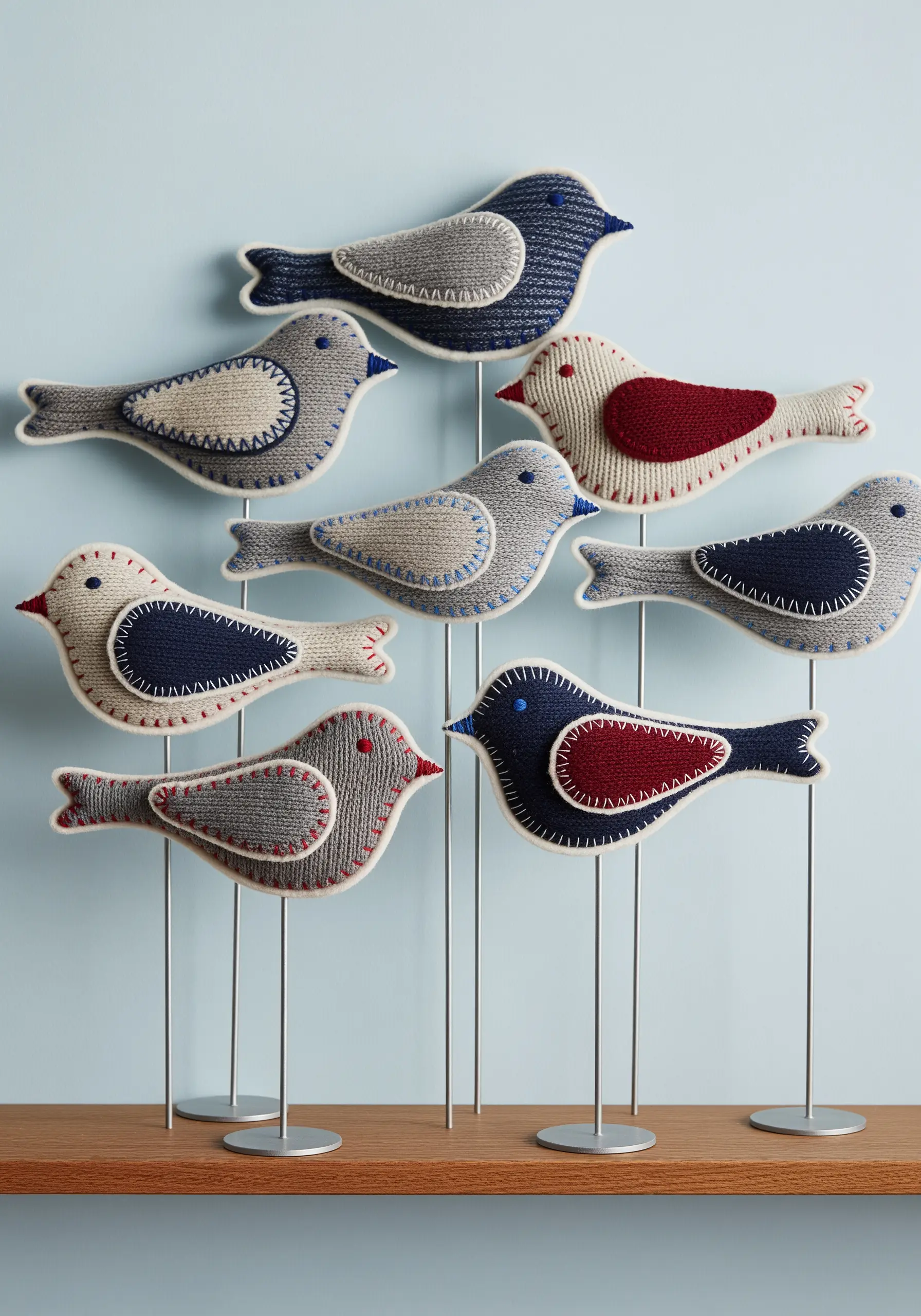 A group of small, stylized bird sculptures made from stuffed fabric with visible blanket stitching.