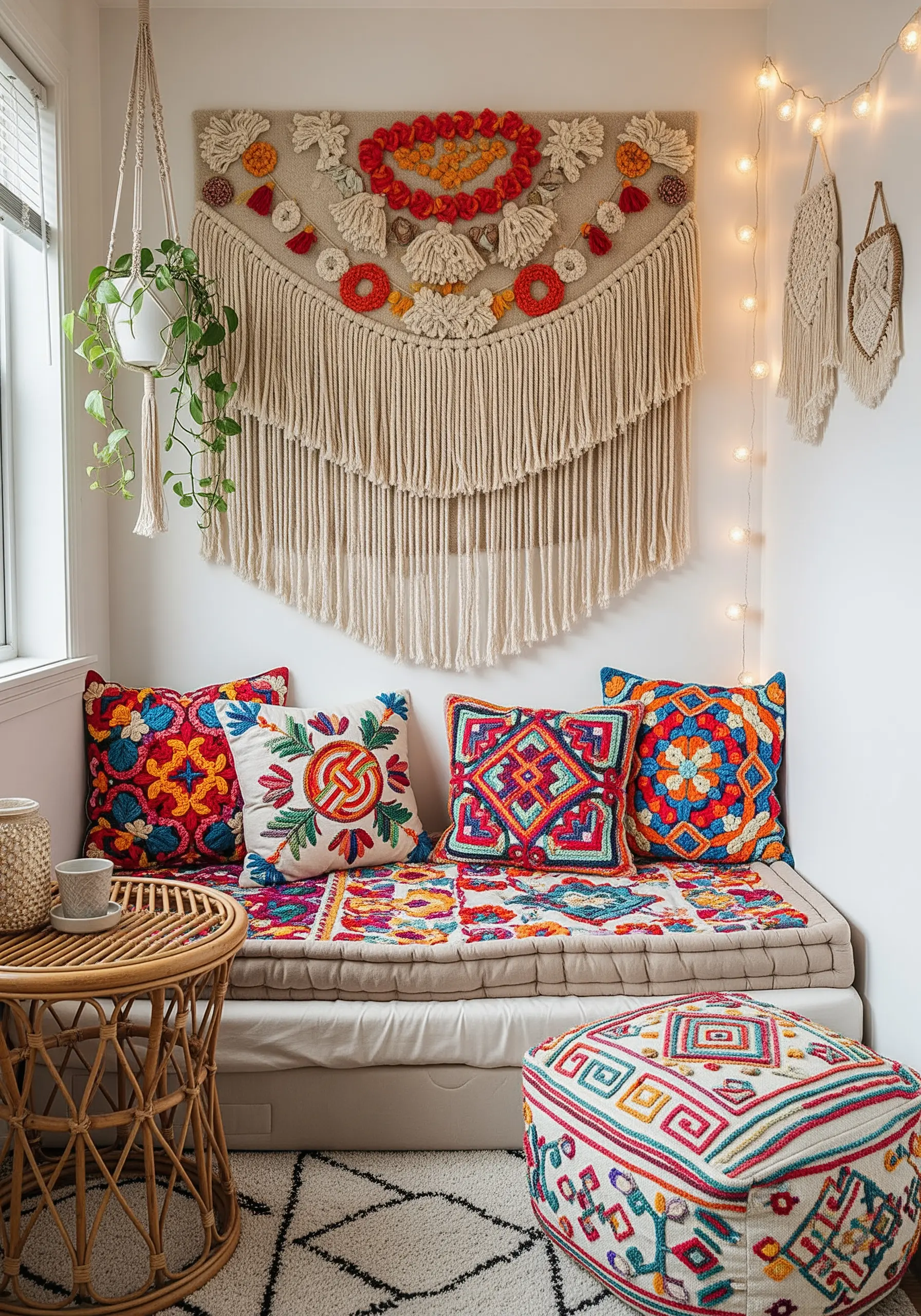 A reading nook filled with brightly embroidered pillows and a large, textured wall hanging.