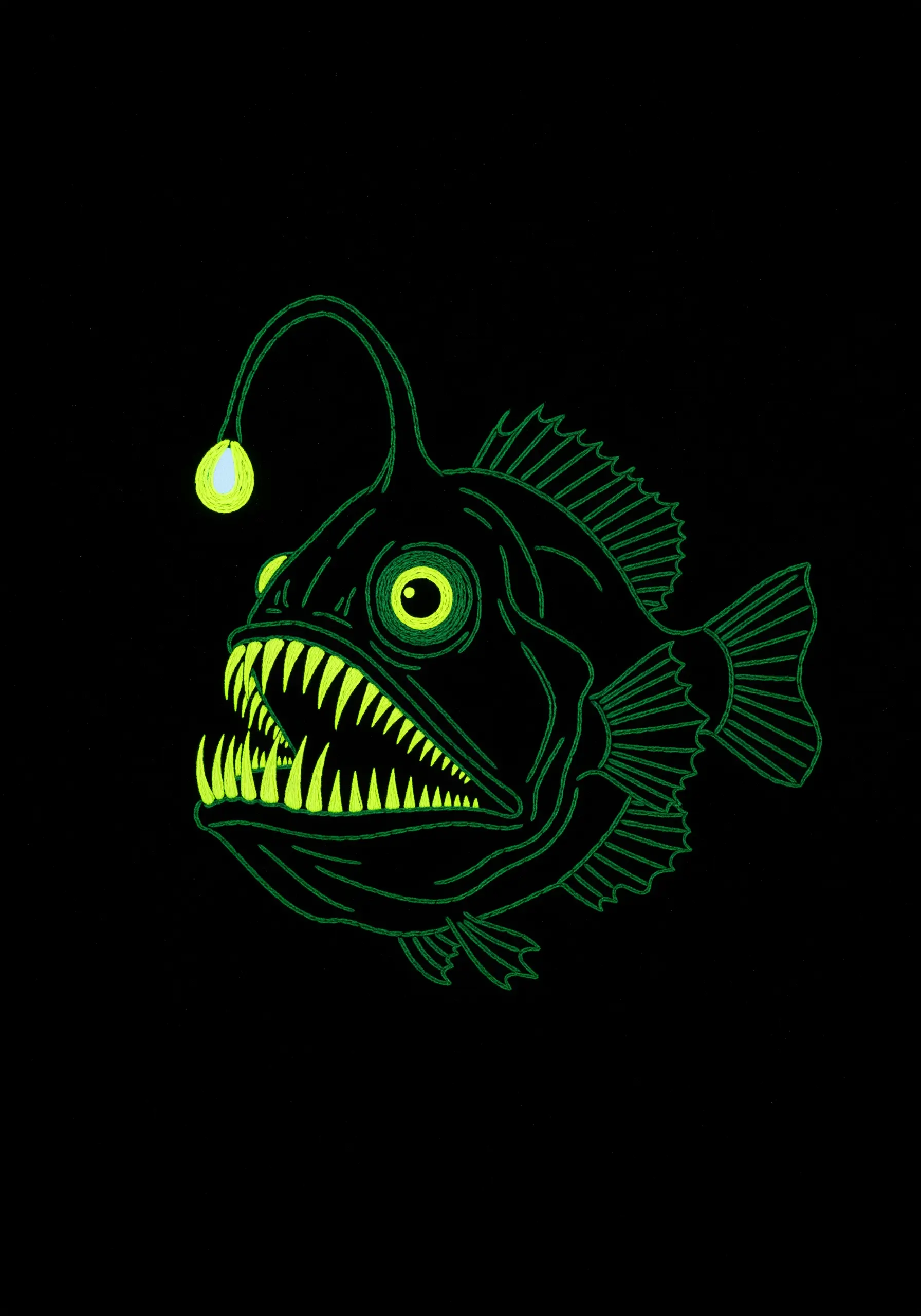 An anglerfish outlined in neon green, with glowing teeth and a bright lure.