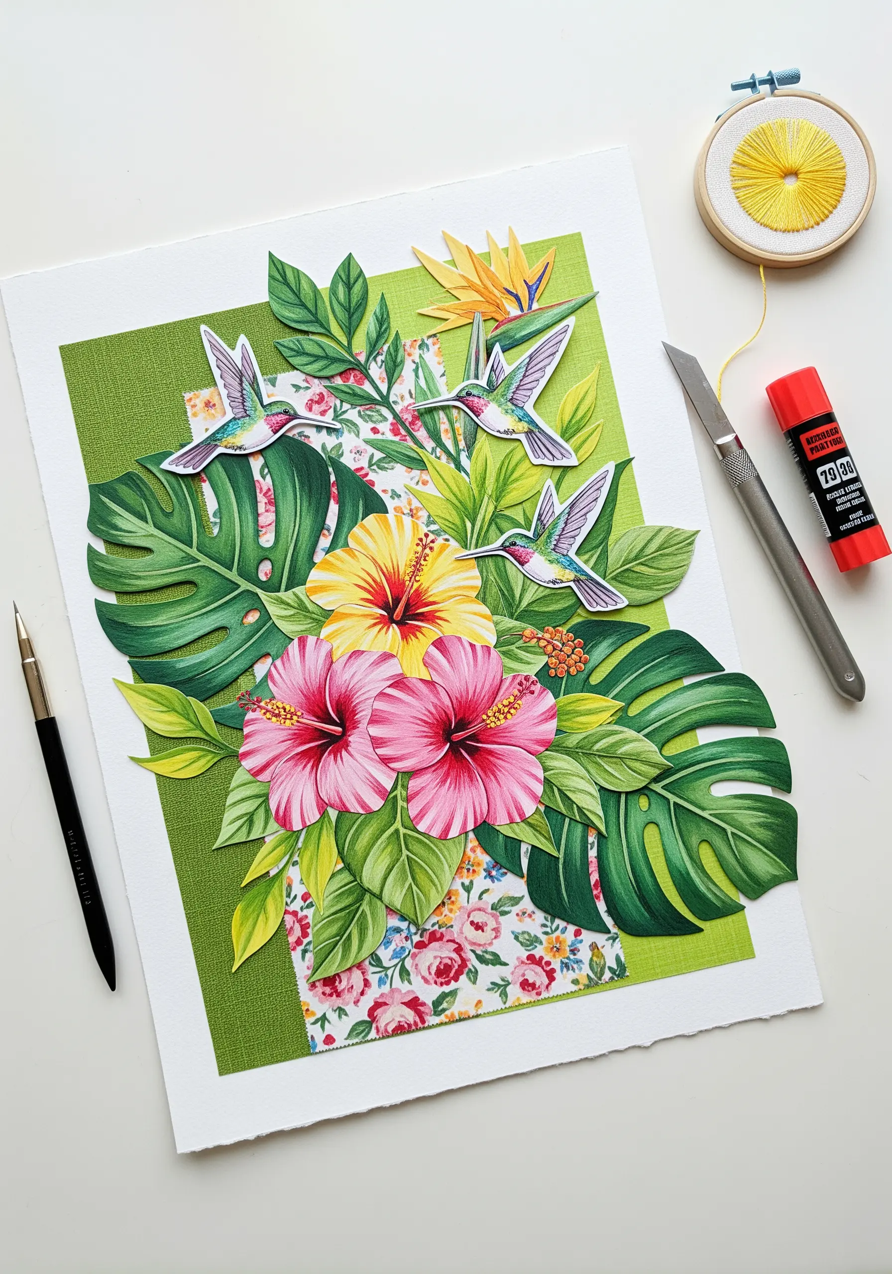 Paper collage of tropical flowers and hummingbirds, with a yellow embroidered flower center.