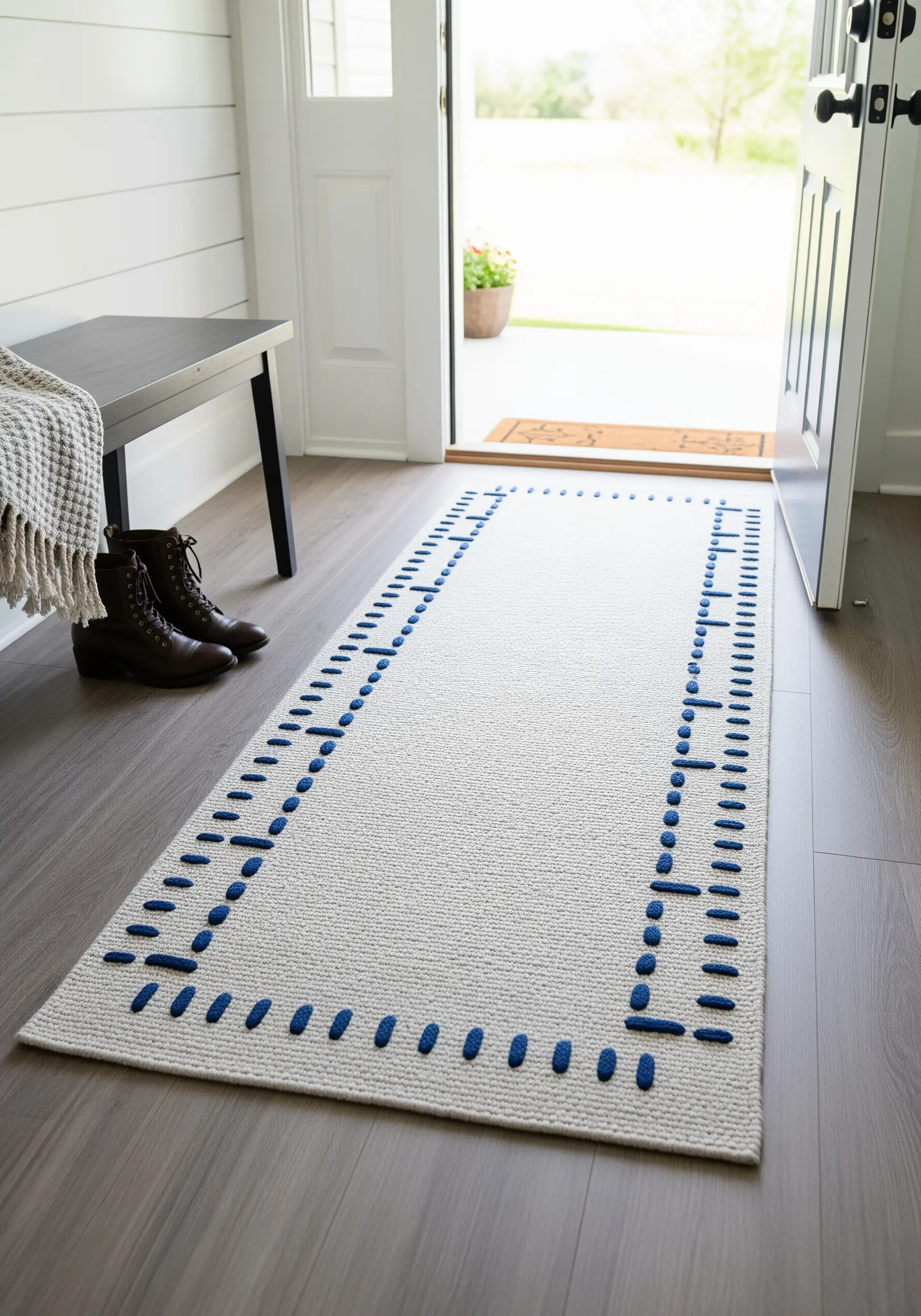 A white entryway runner with a border of thick, raised blue yarn stitches.