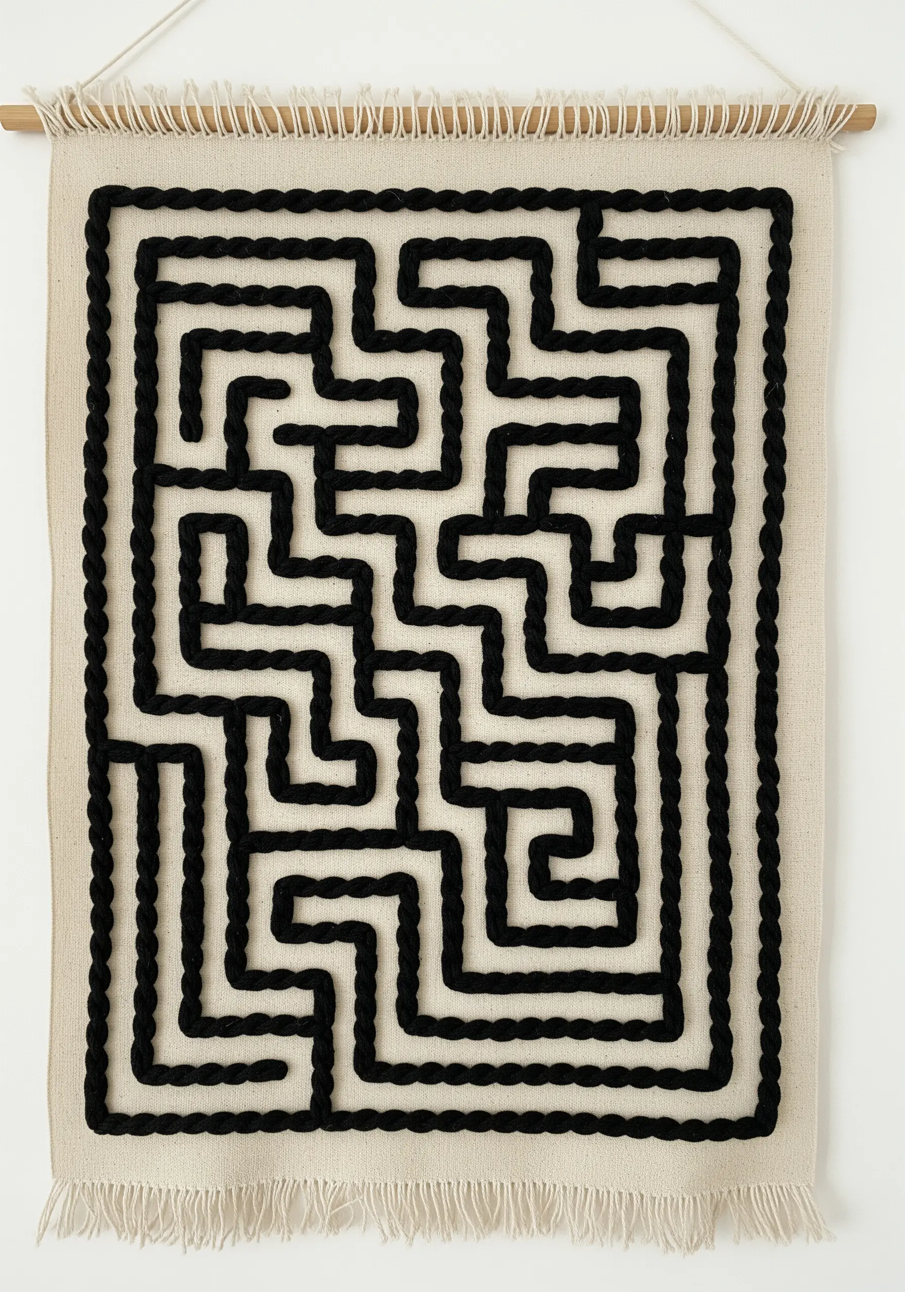 A maze created with thick, couched black yarn on neutral fabric, with the path as negative space.