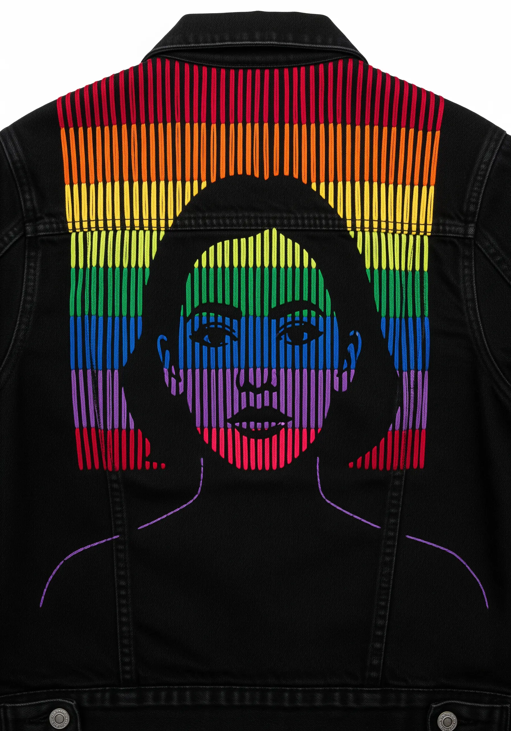 A portrait created from negative space, with a background of vertical rainbow satin stitches.