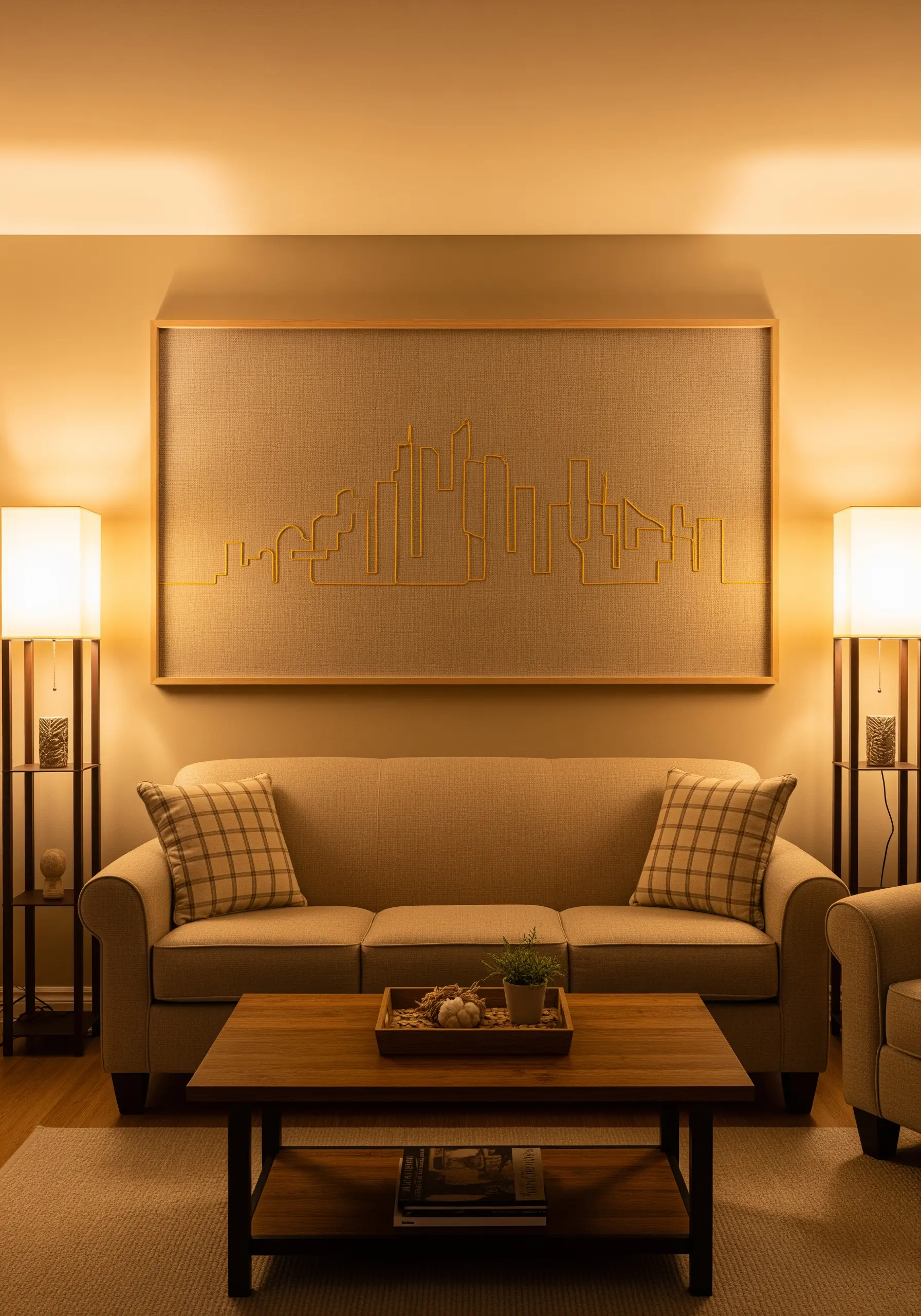 A large framed embroidery of a city skyline, created with a single continuous gold line.