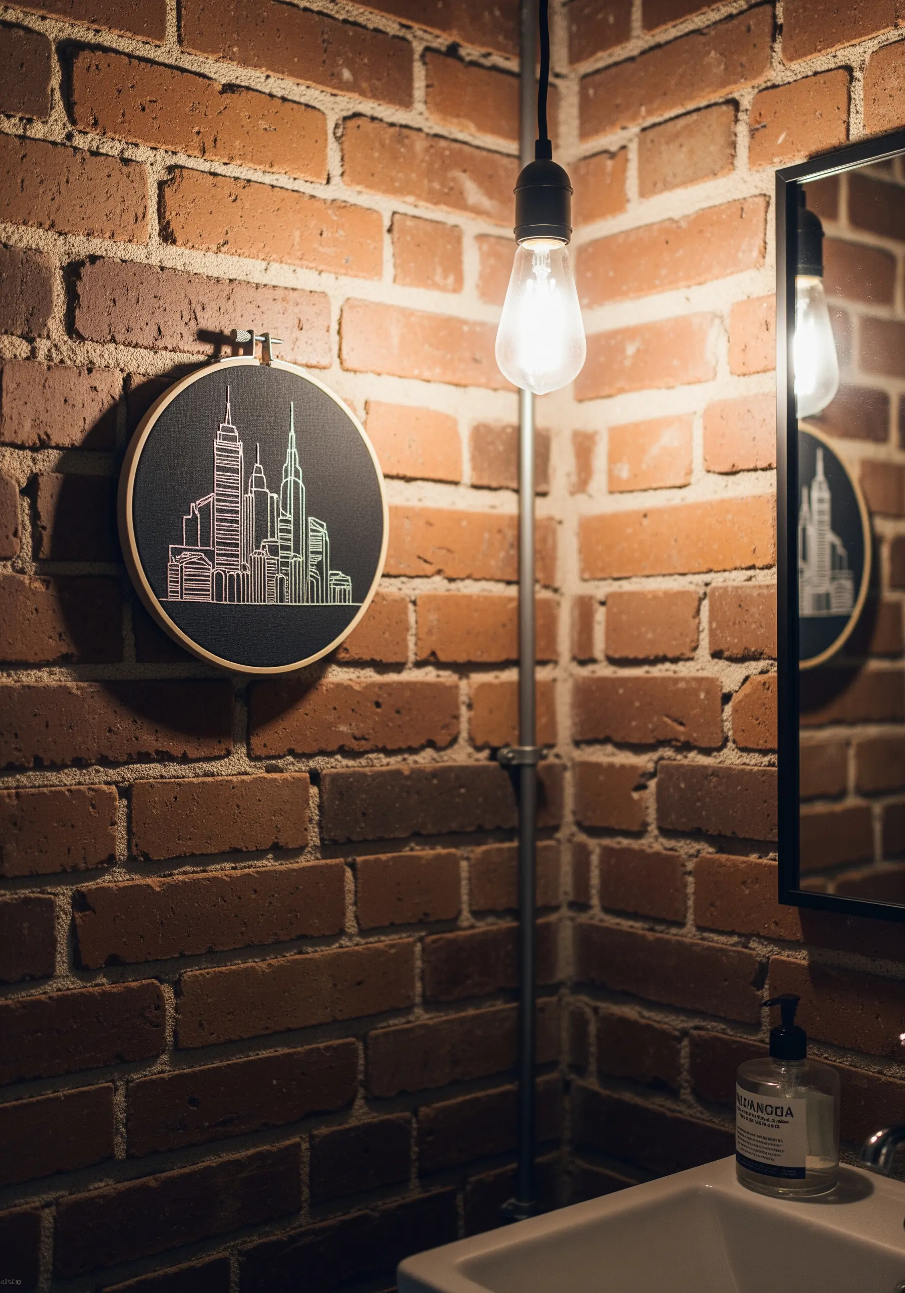 Minimalist line art of a city skyline stitched in a color gradient.