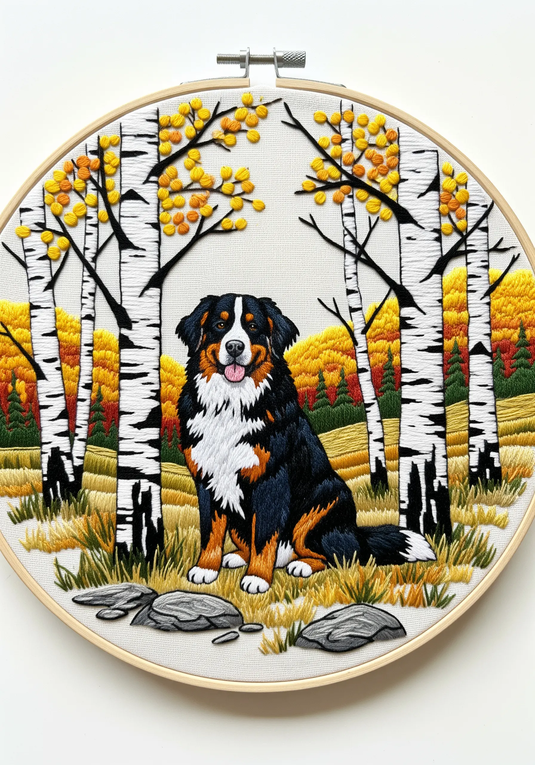 Embroidered Bernese Mountain Dog sitting in a forest of birch trees with yellow leaves.