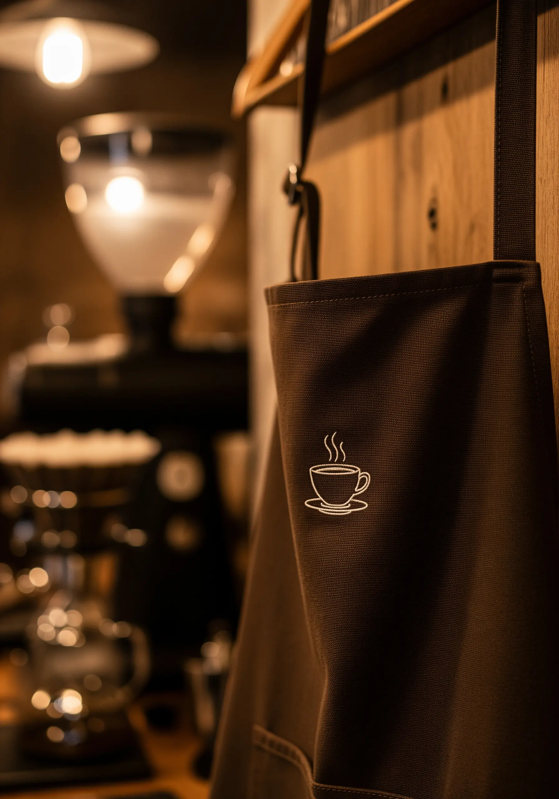 A small, simple white outline of a steaming coffee cup embroidered on a dark brown apron.