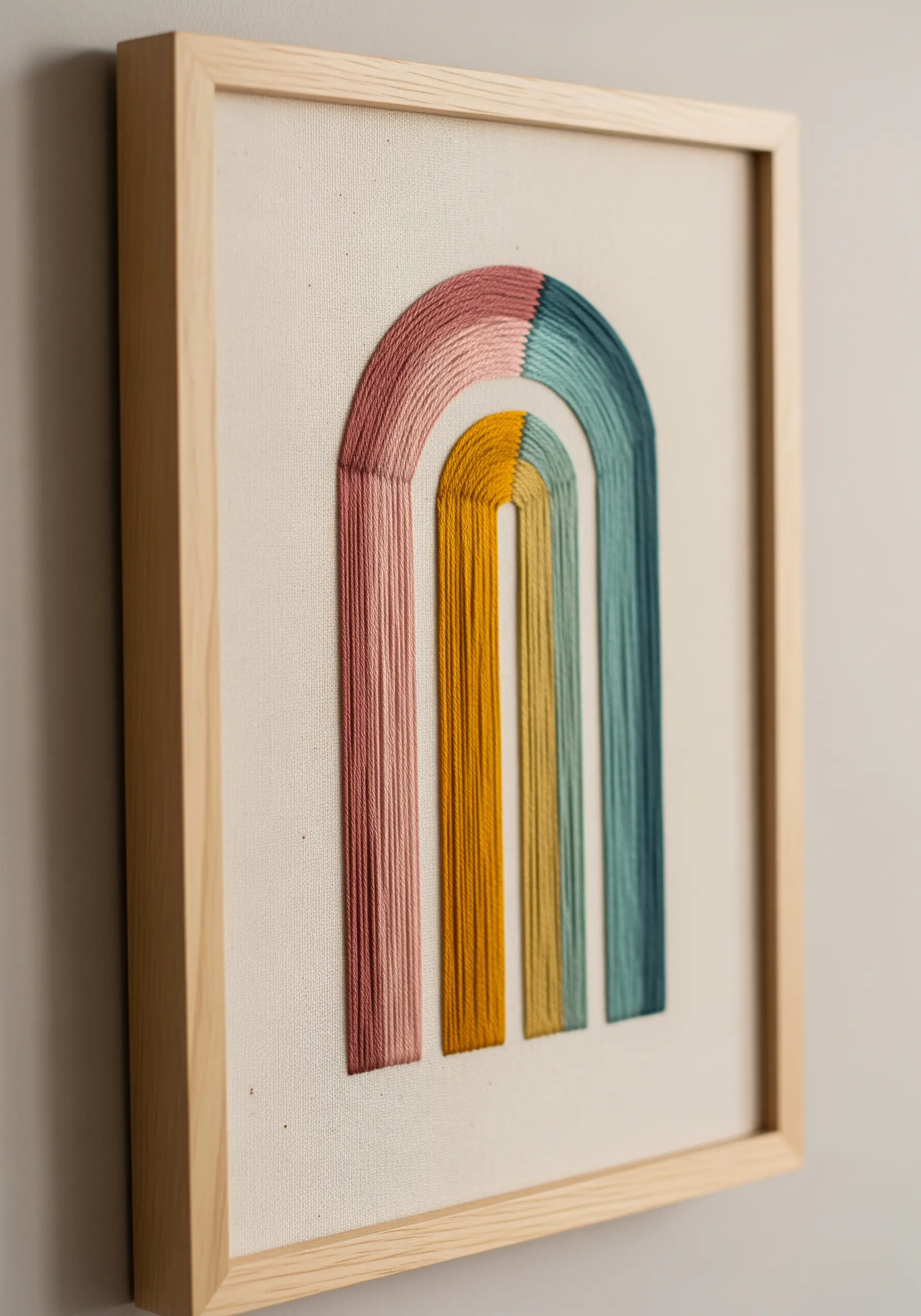 A framed embroidery of a color-blocked arch with long vertical satin stitches.