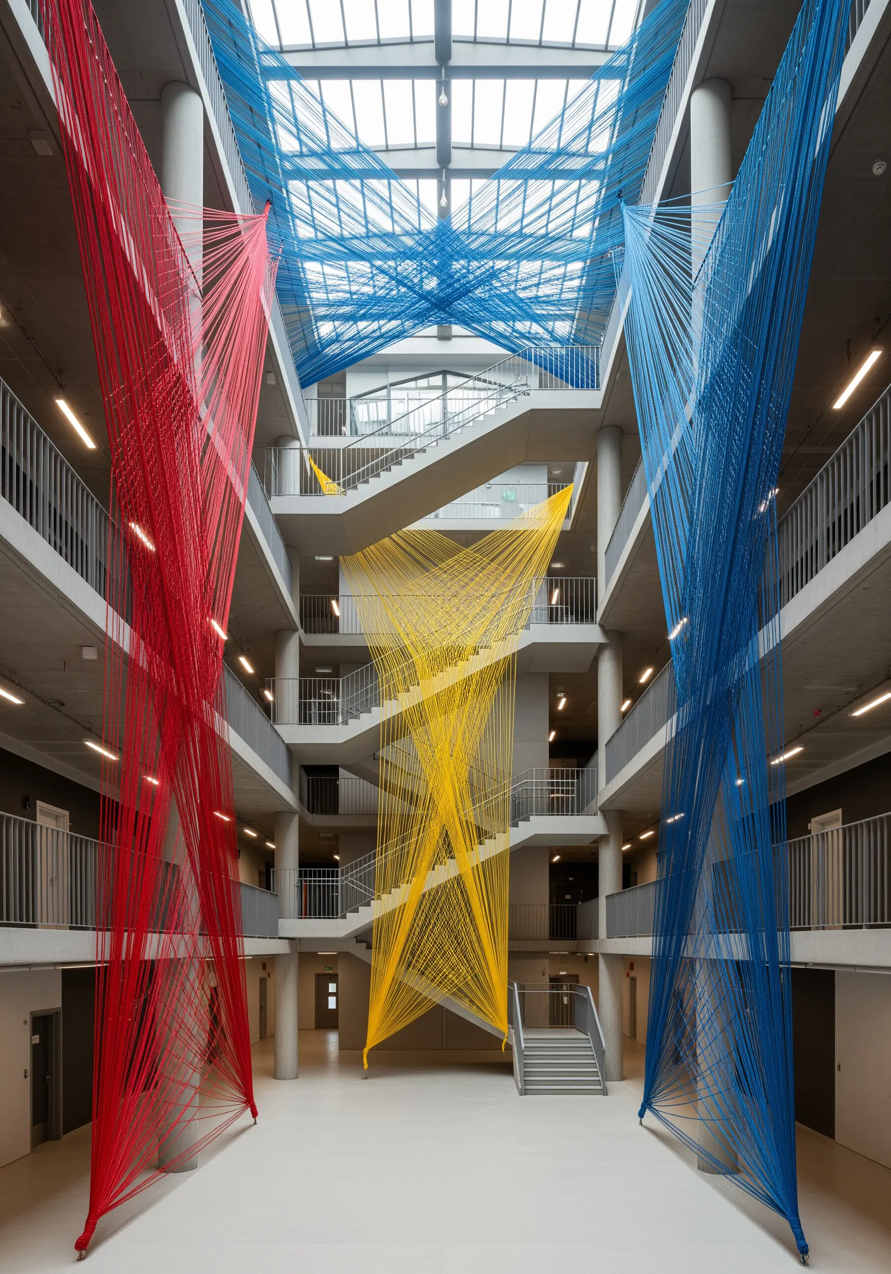 Large-scale string installation in red, yellow, and blue crossing a multi-story atrium.