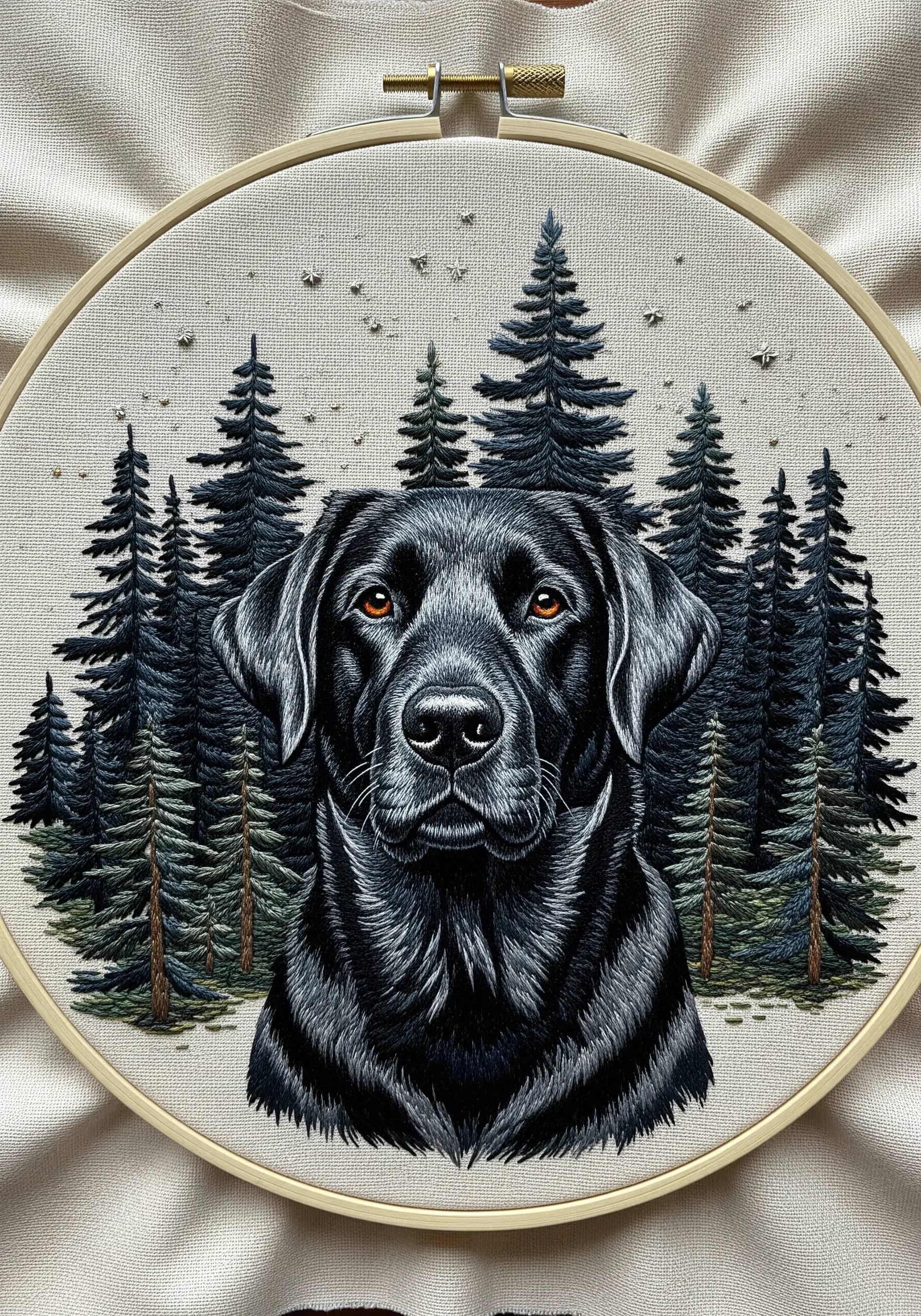 Embroidered portrait of a black Labrador with realistic highlights, set against a forest background.