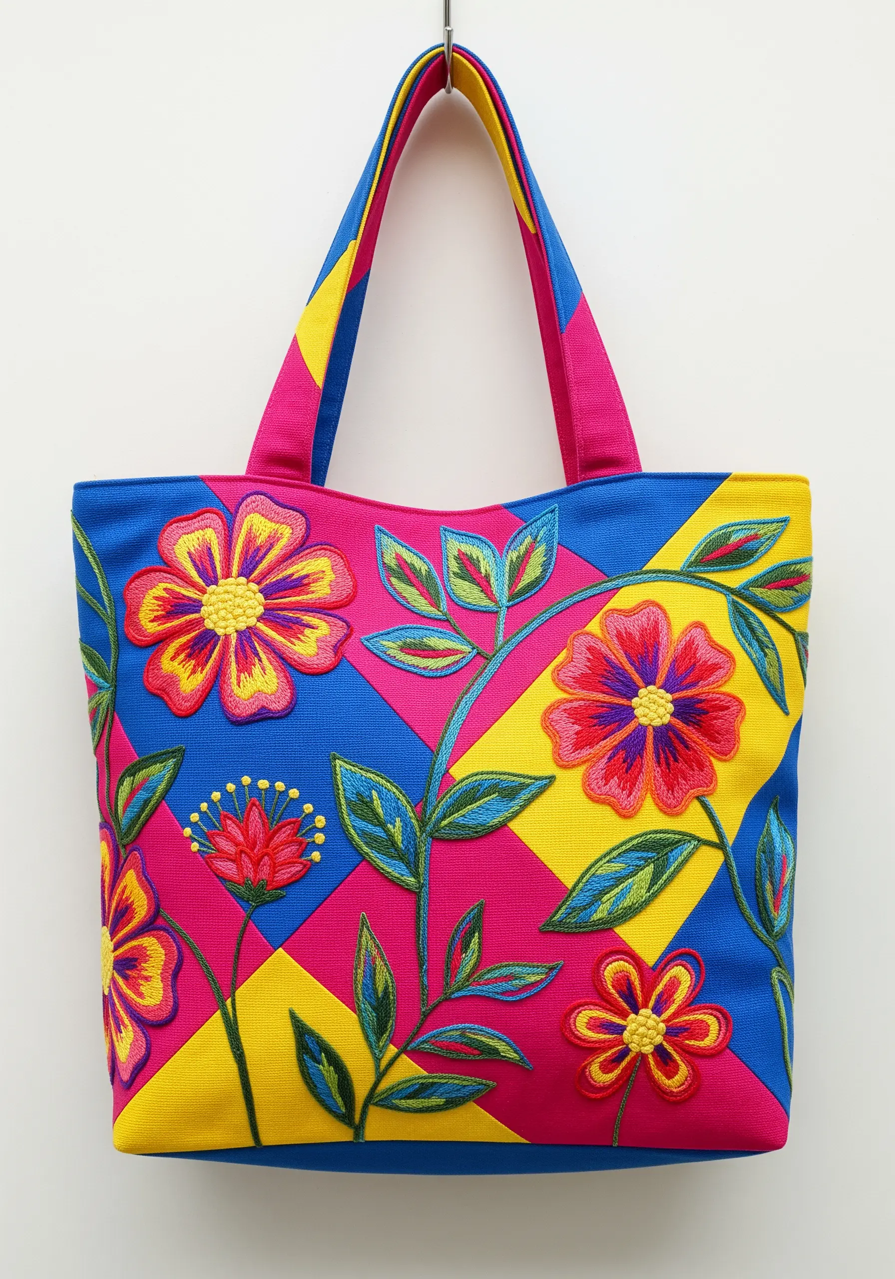 Vibrantly colored tote bag with padded satin stitch flowers on a patchwork background.