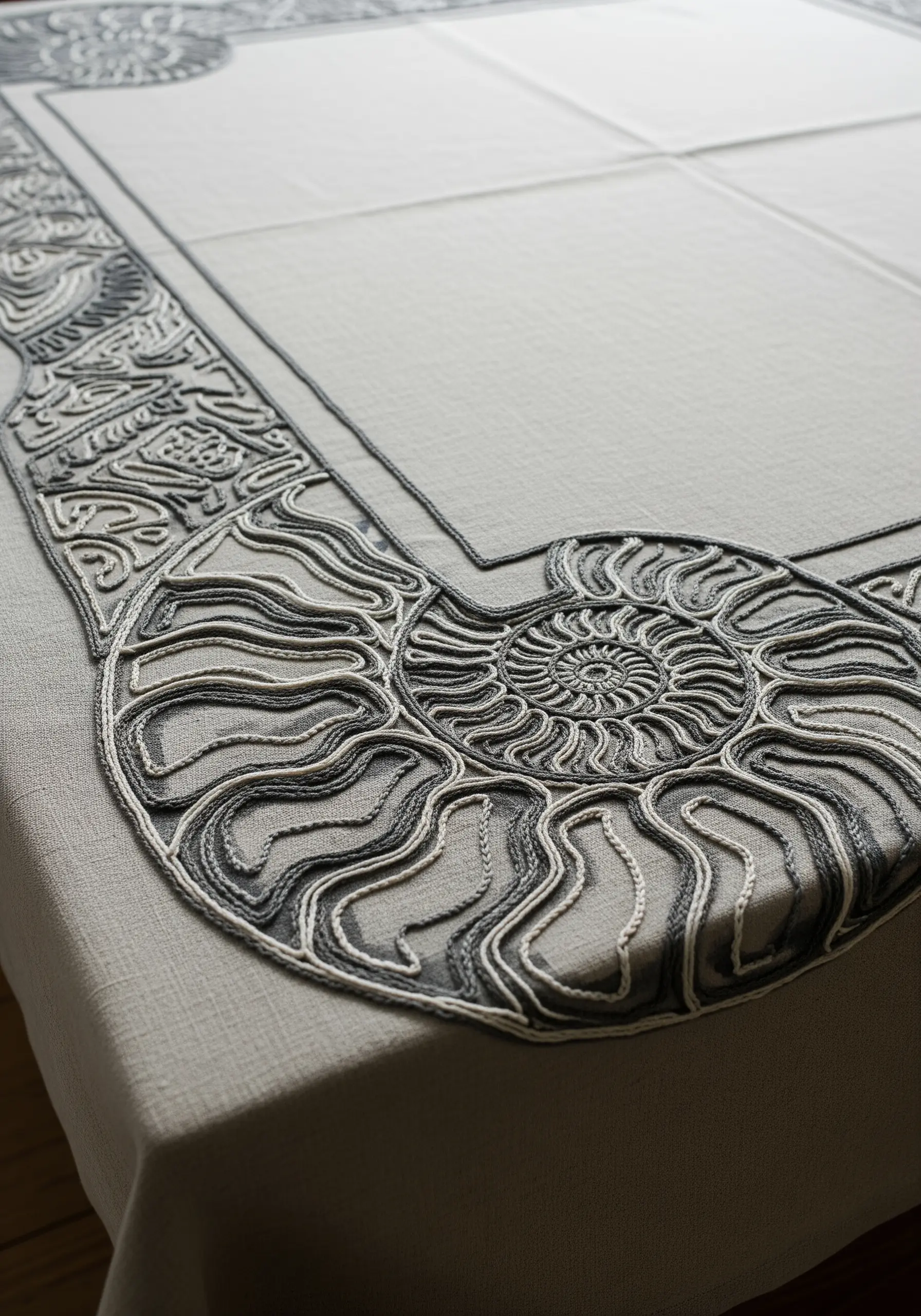 A tablecloth corner embroidered with a large nautilus shell using black and white whipped backstitch.