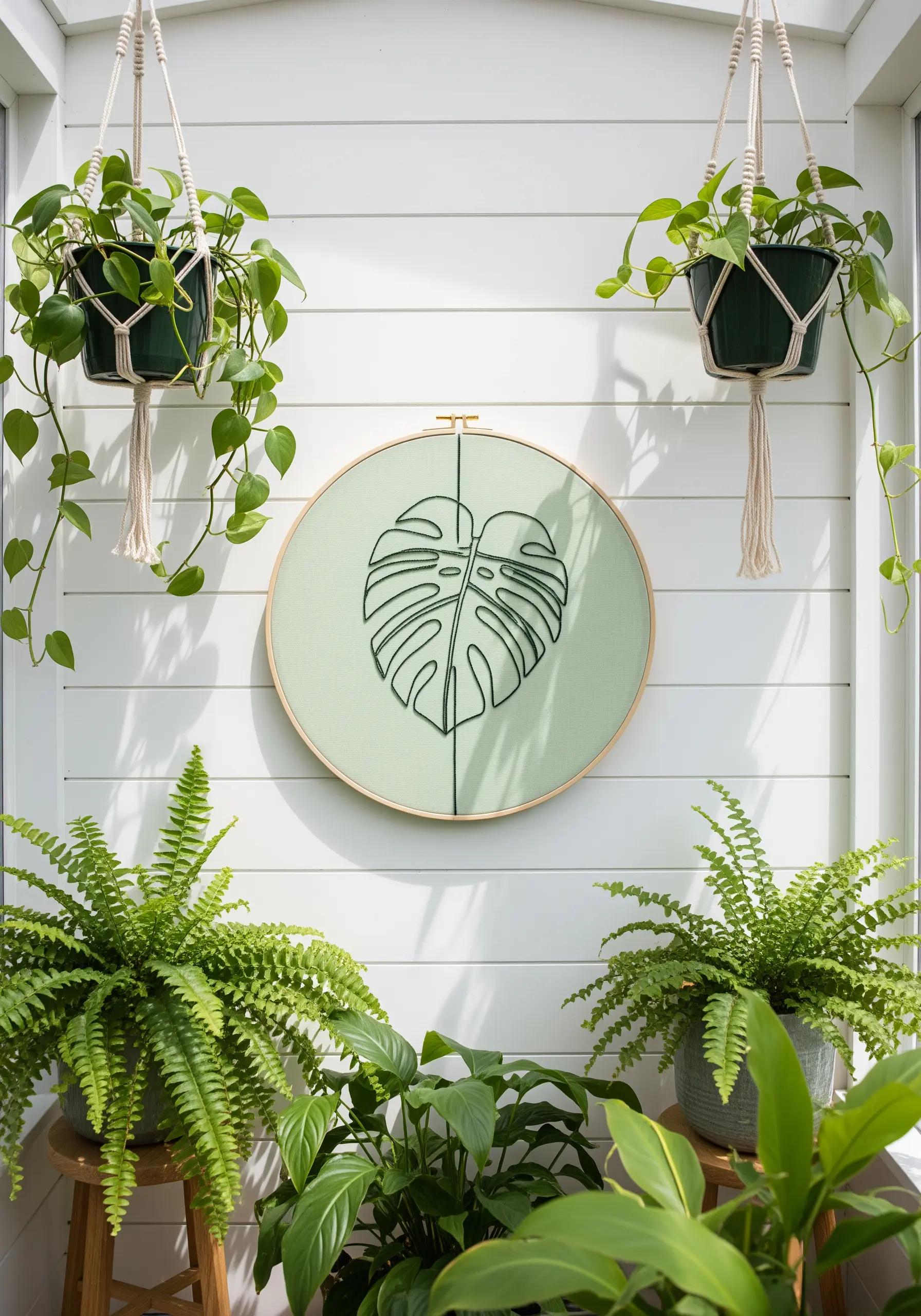 A black outline of a Monstera leaf embroidered on light green fabric in a hoop.