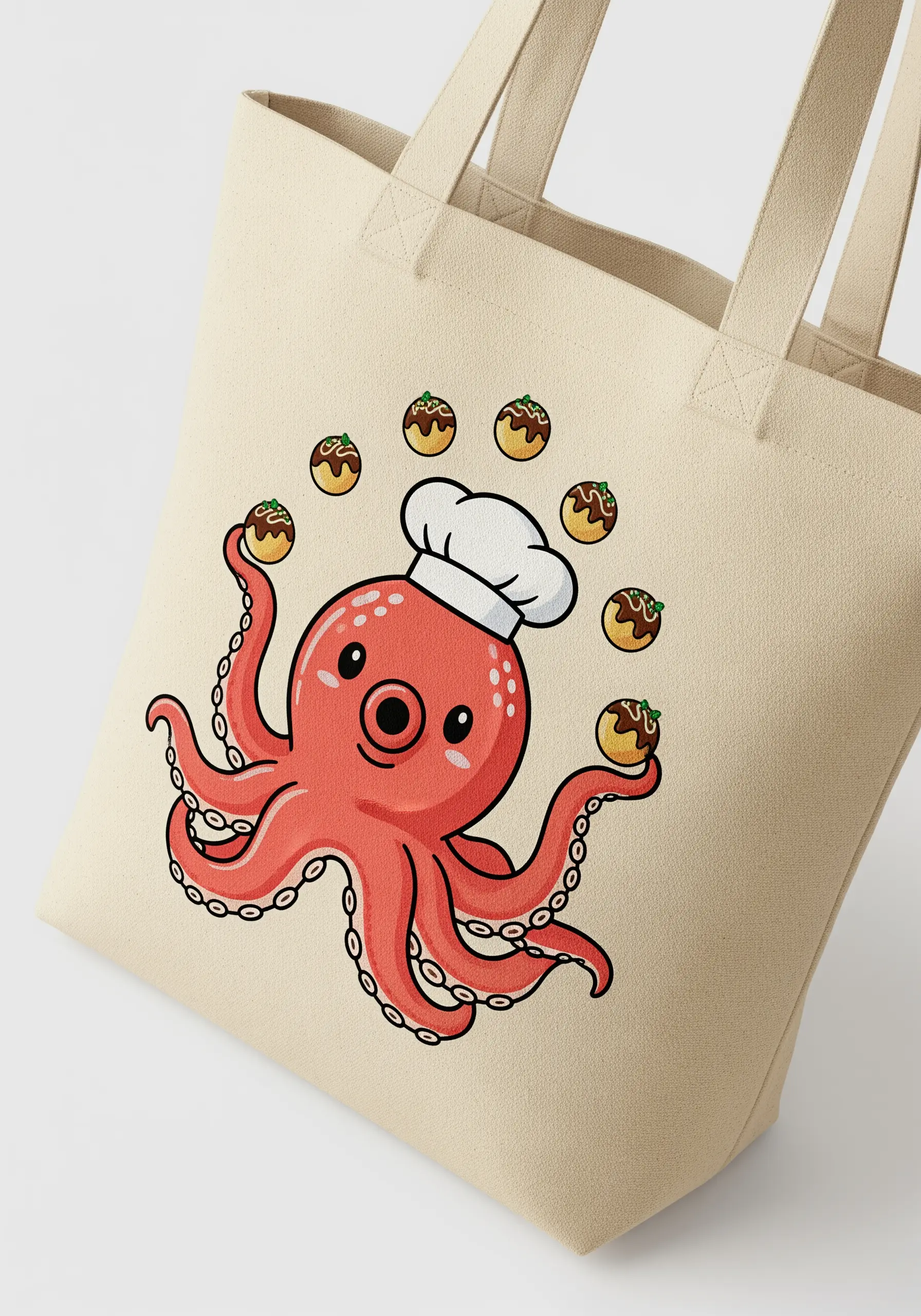 A cute cartoon octopus juggling takoyaki, embroidered with clean, bold outlines.