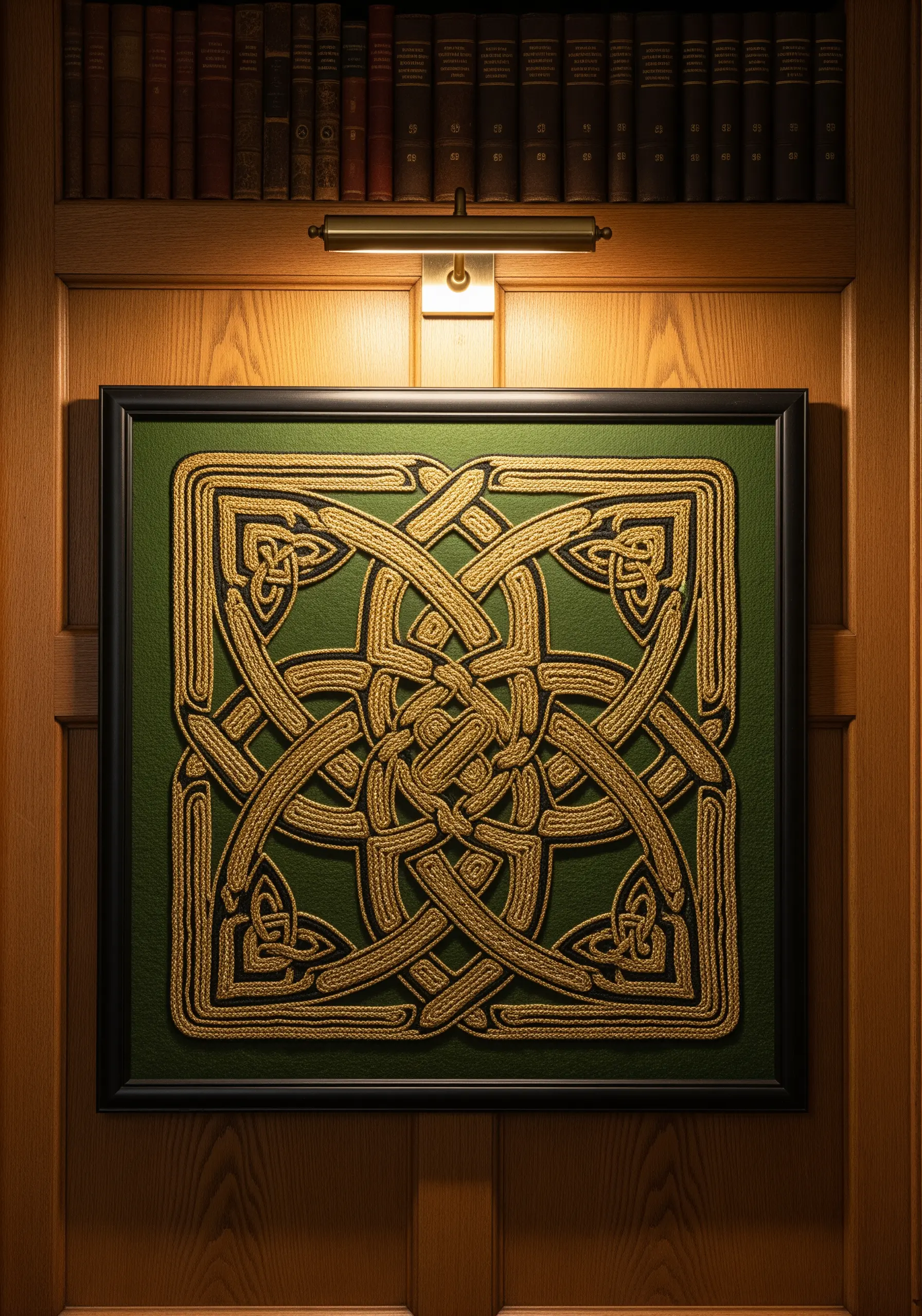 A framed Celtic knotwork design made with thick, couched gold cord on green fabric.