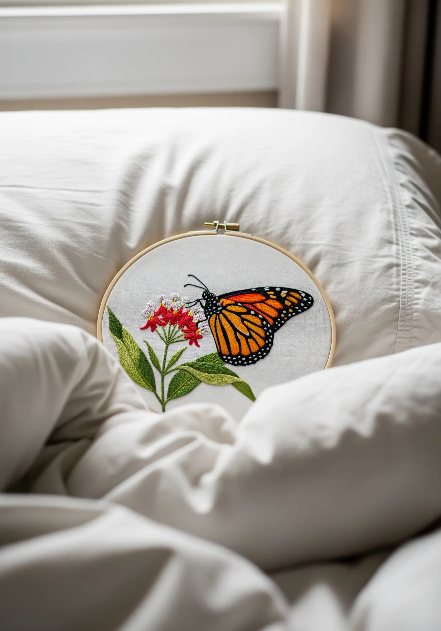 A detailed monarch butterfly embroidery with sharp, clean black outlines on its orange wings.