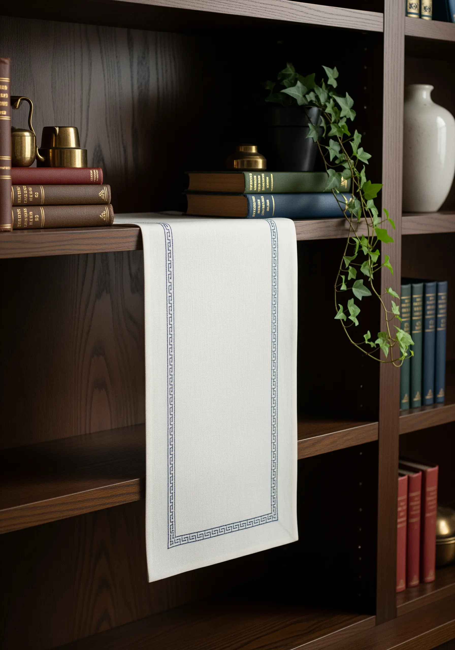 A clean, blue Greek key pattern embroidered as a border on a white linen table runner.