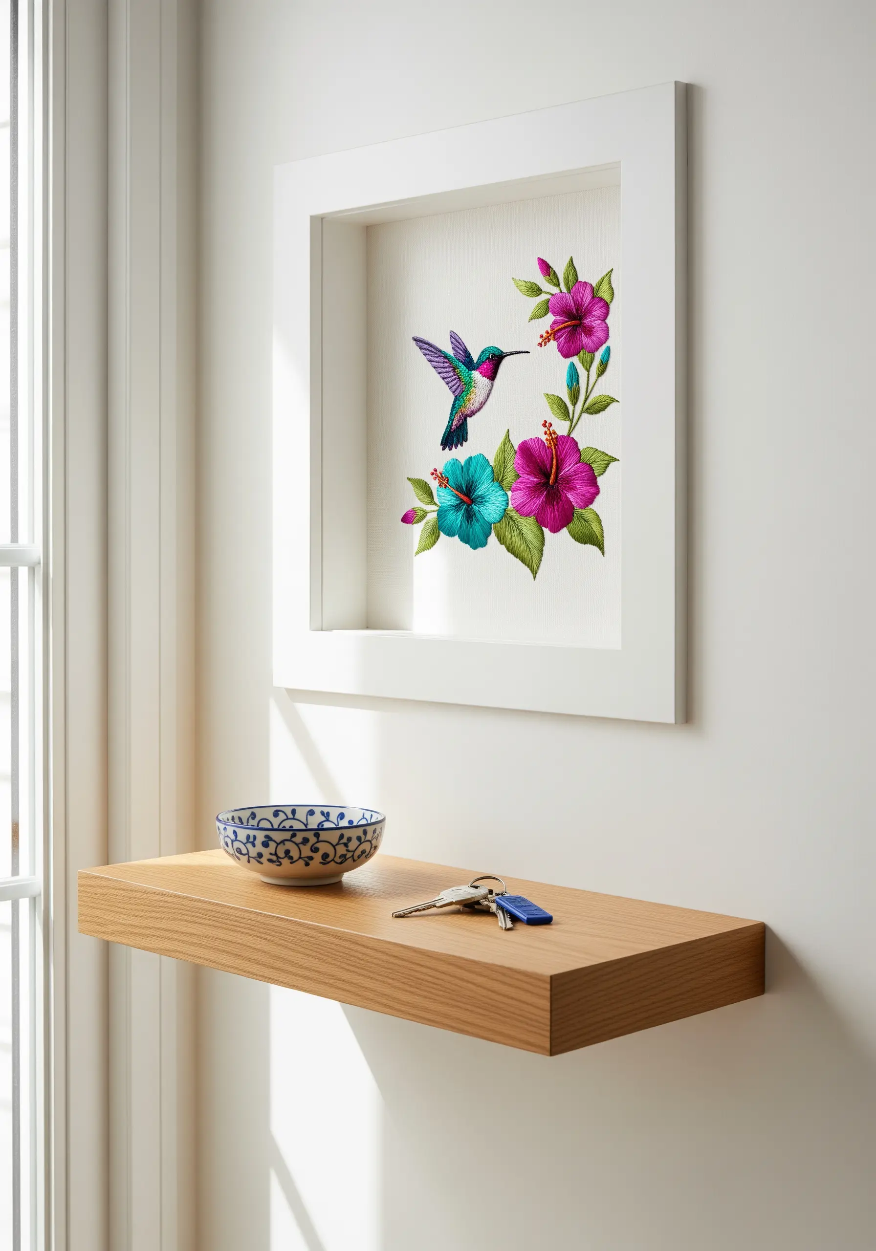 A vibrant hummingbird and hibiscus flowers embroidered in a deep white frame creating negative space.