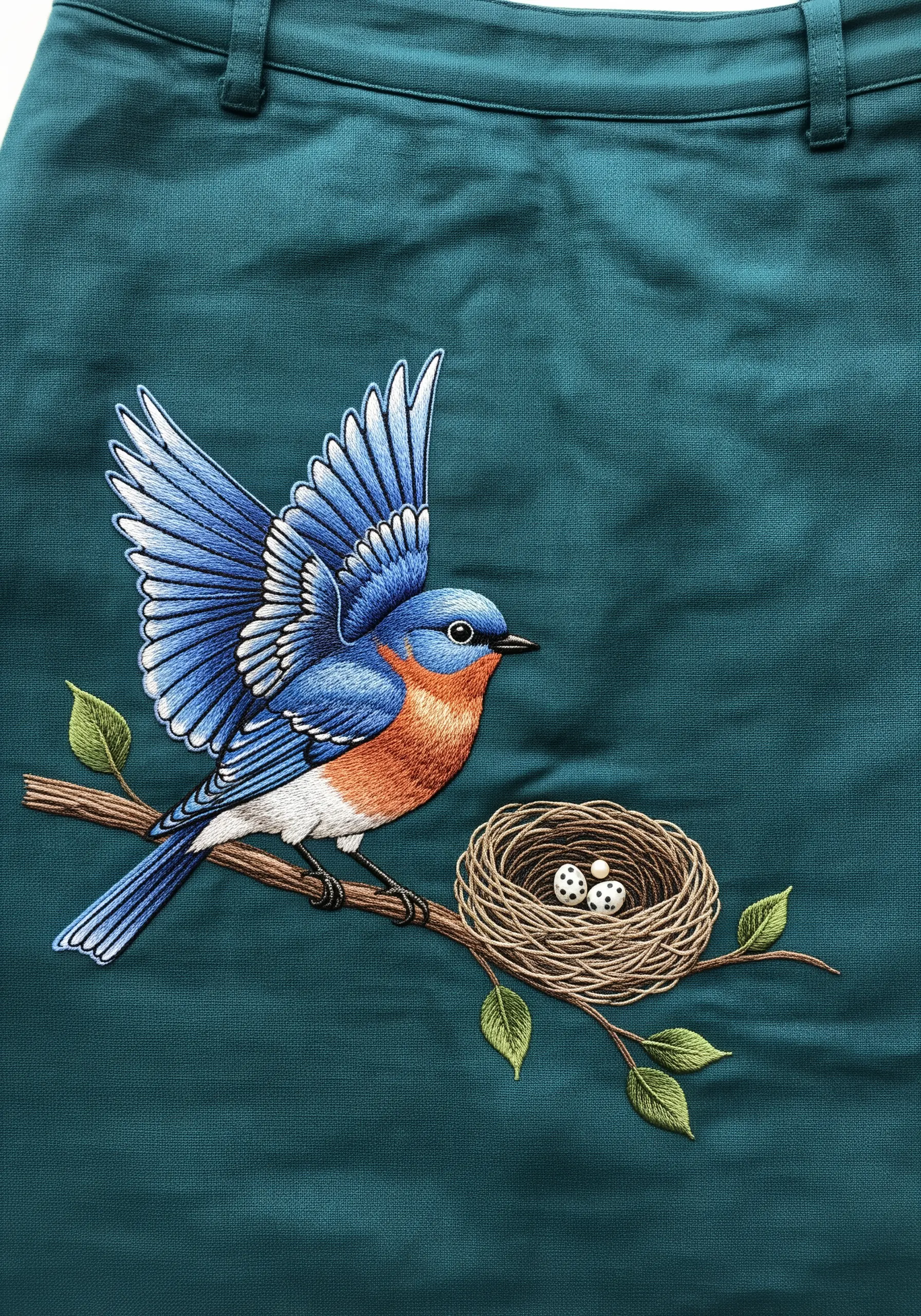 A detailed embroidery of a bluebird with open wings next to a nest.