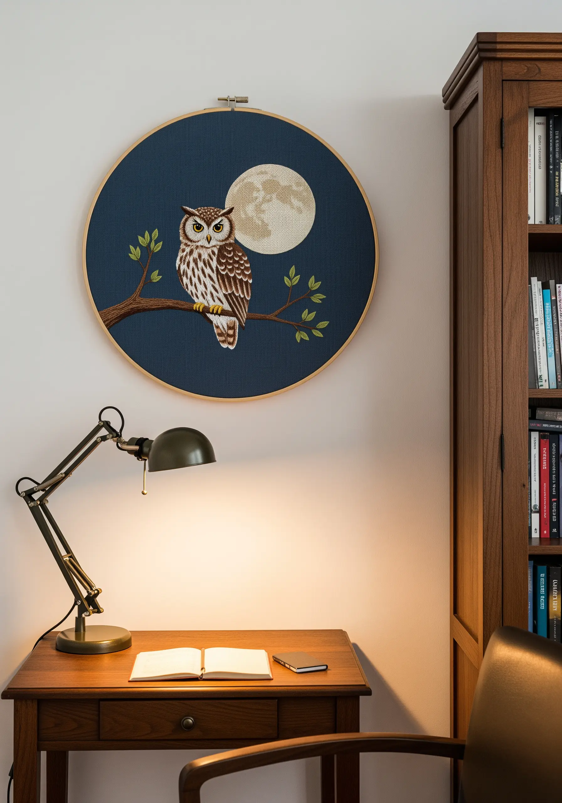 Embroidery hoop of an owl perched on a branch in front of a full moon.