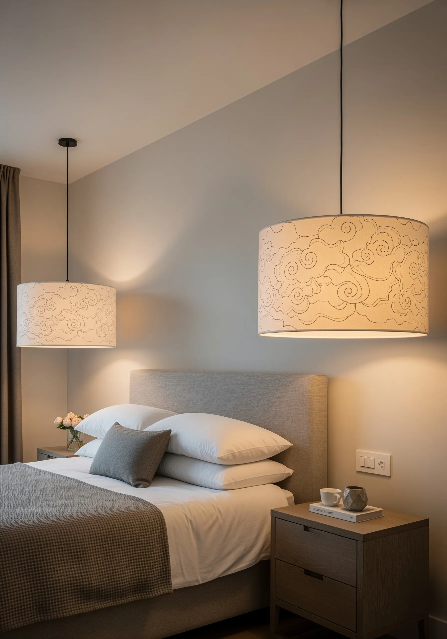 Two drum lampshades embroidered with a continuous, swirling line pattern.