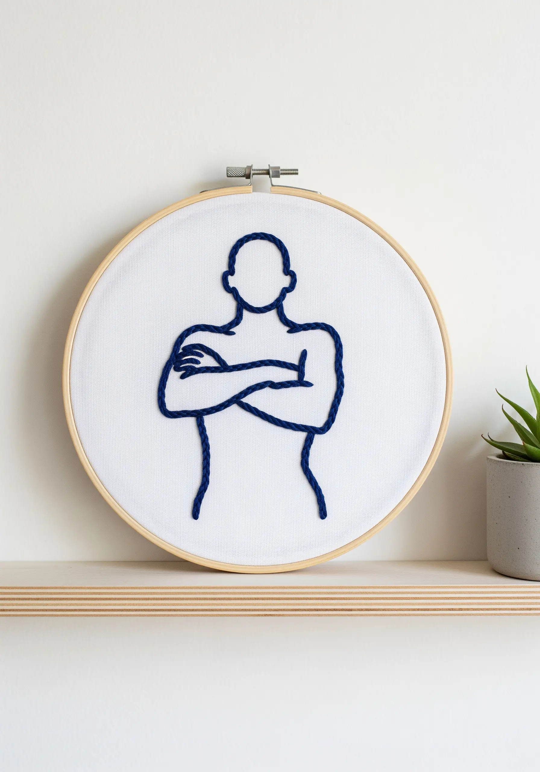 A bold, dark blue chain stitch outline of a masculine torso on crisp white fabric.