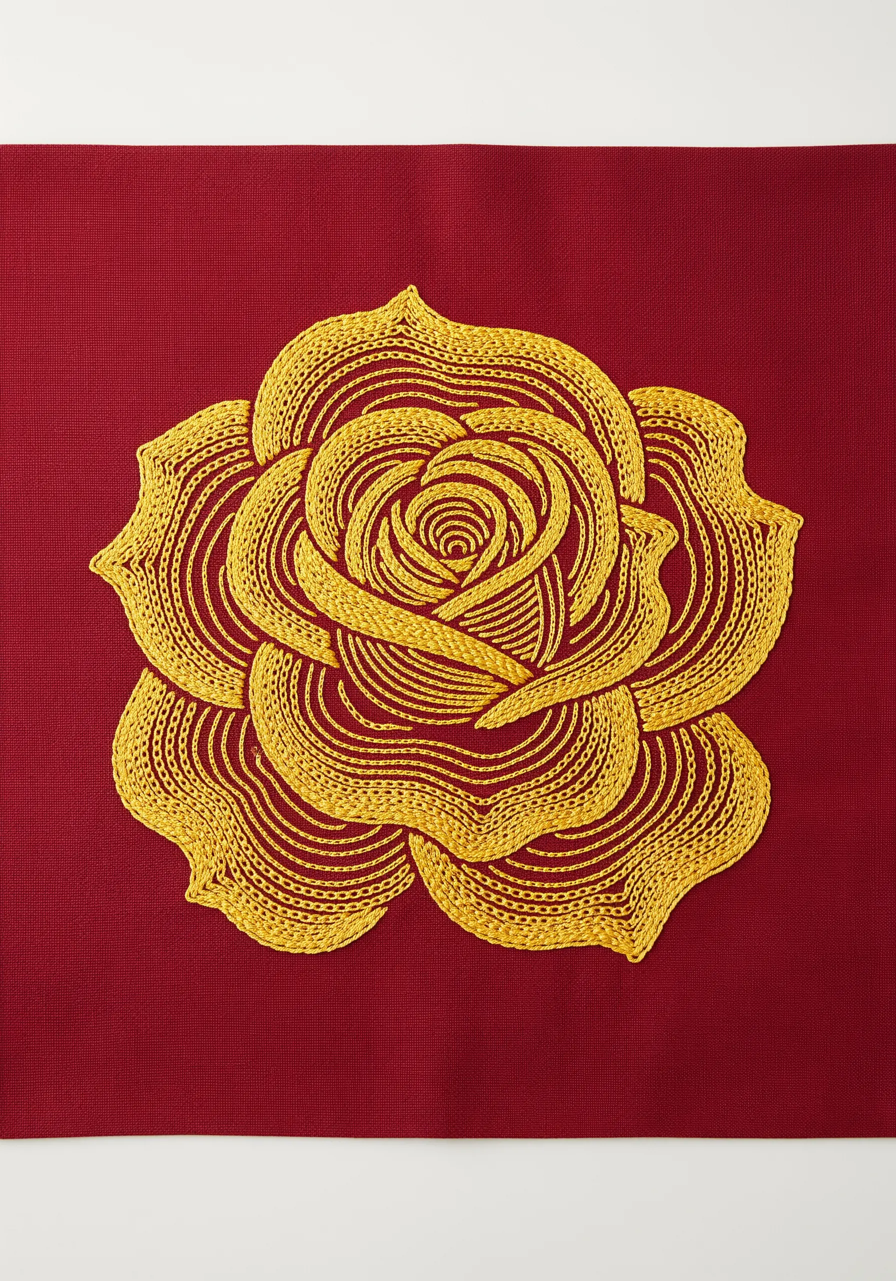 A large, modern rose stitched in concentric lines of gold thread on a deep red fabric.