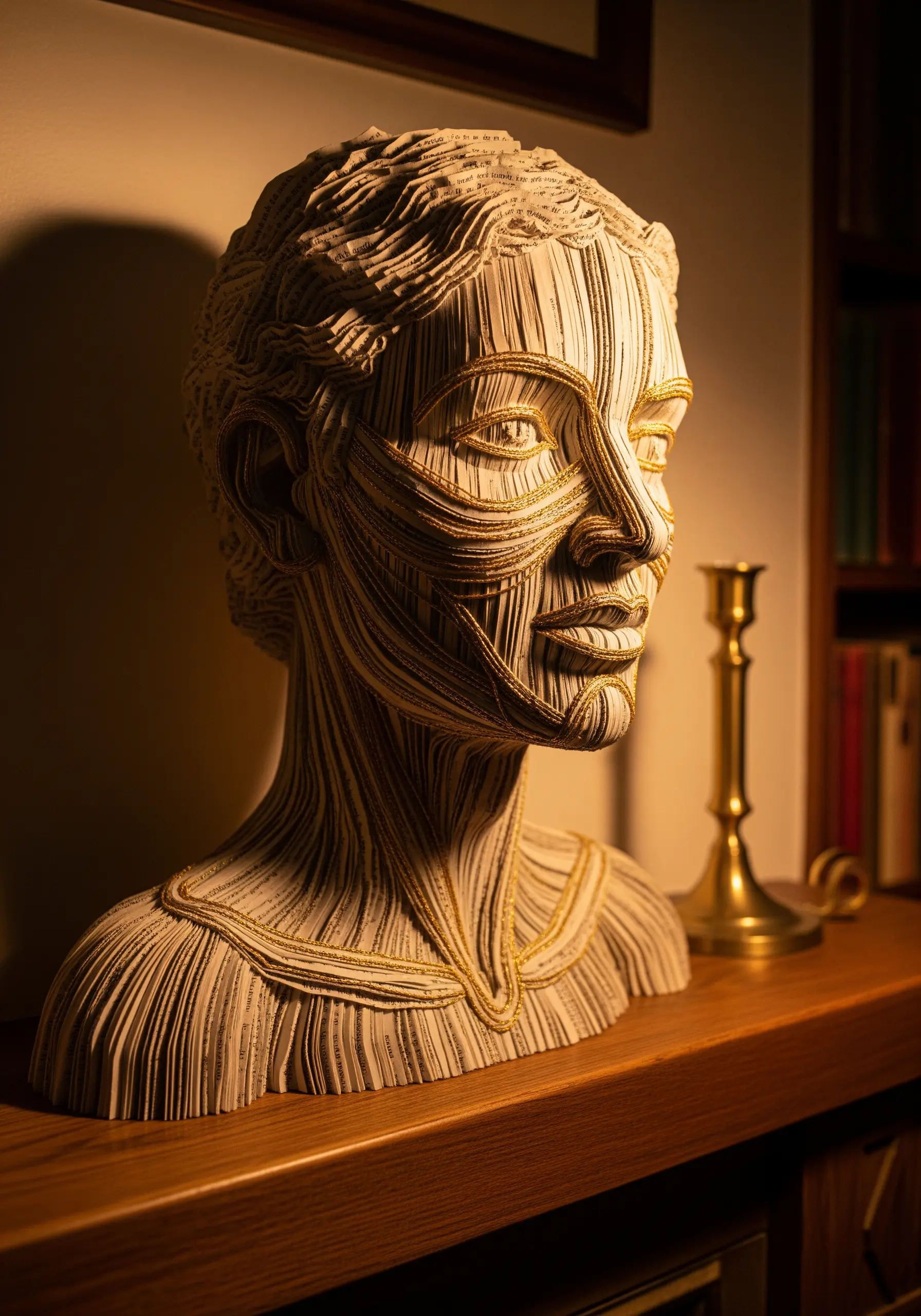 A bust sculpture made from layered paper, with gold thread defining the facial contours.