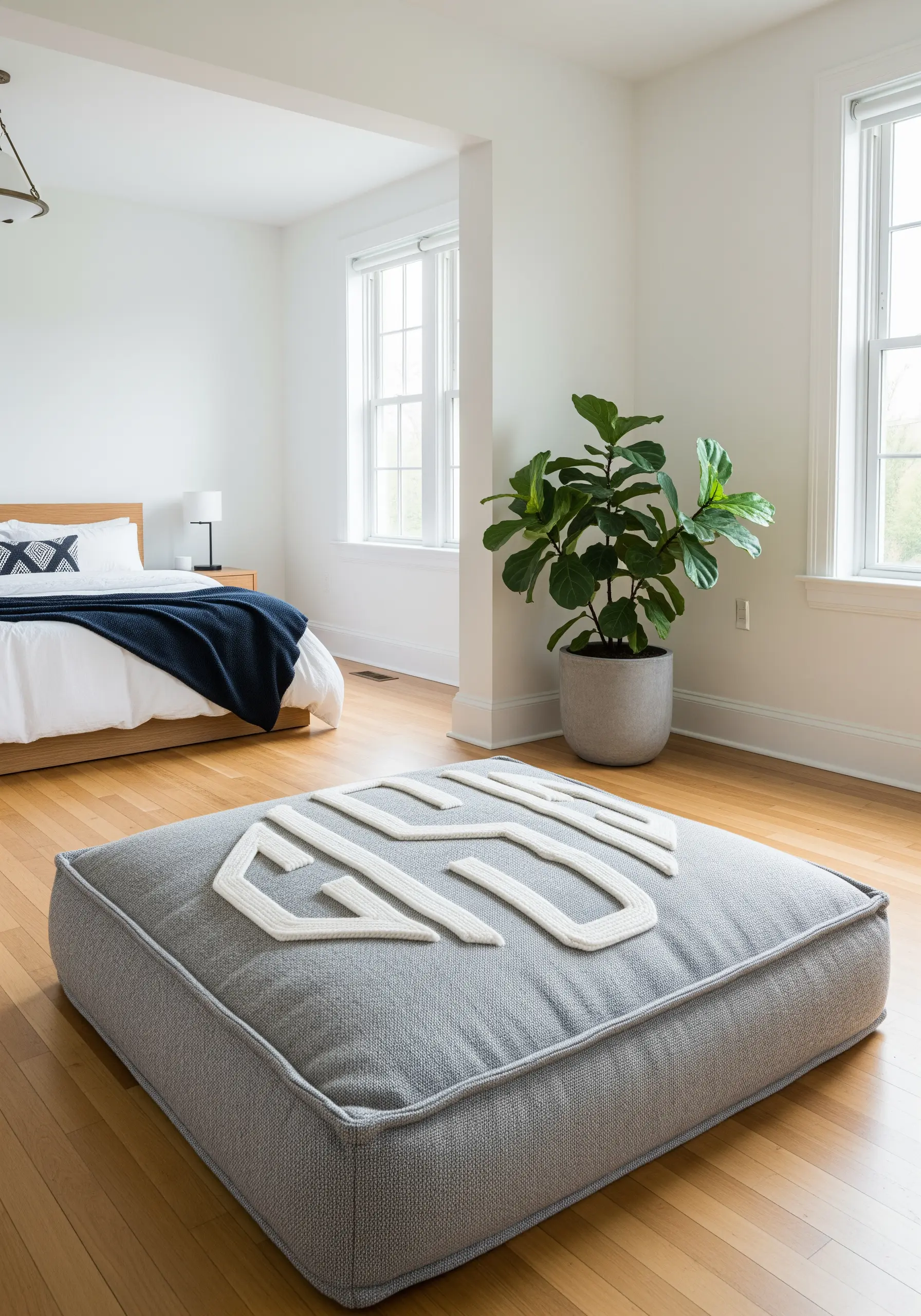 A large, dimensional monogram made from thick white cording on a gray floor cushion.
