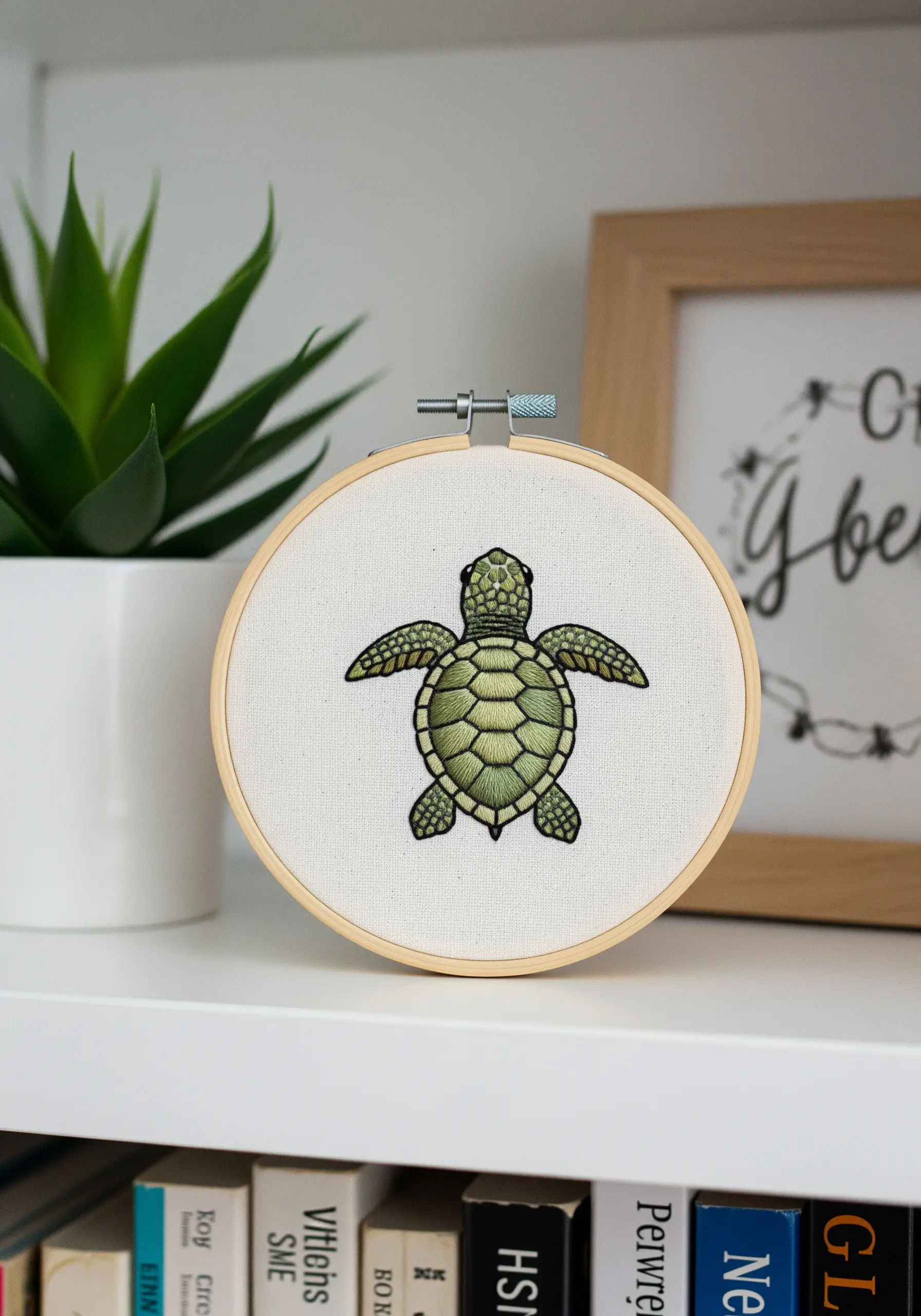 A sea turtle with a detailed thread-painted shell in shades of green and a black outline.