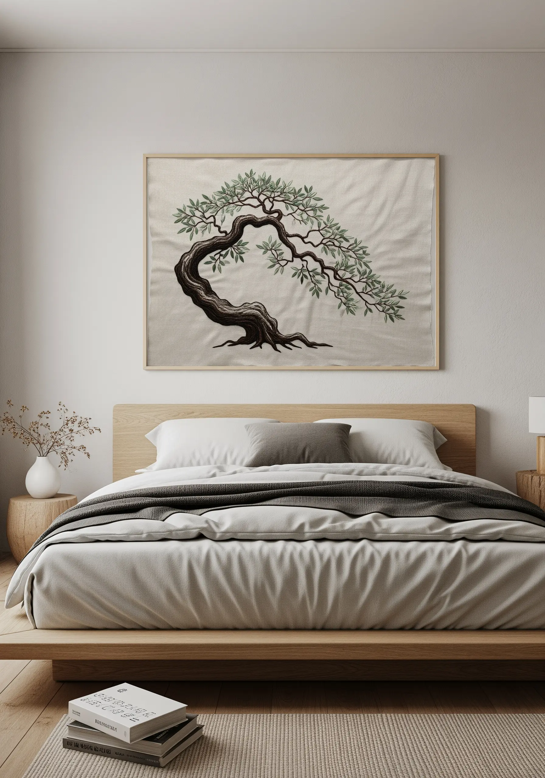 Large framed embroidery of a gracefully curved bonsai tree on a neutral linen background
