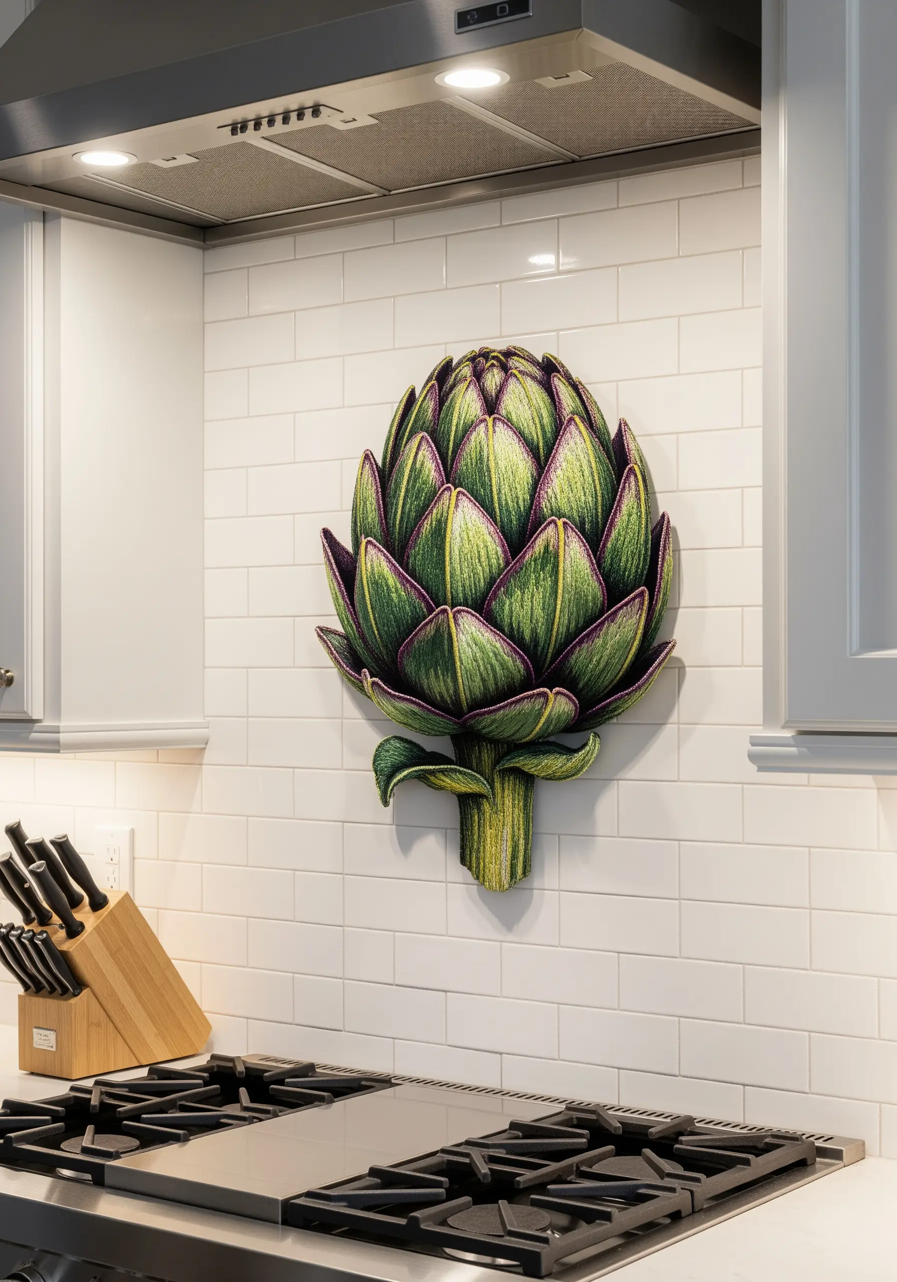 A sculptural 3D embroidery of an artichoke mounted directly on a tiled kitchen wall