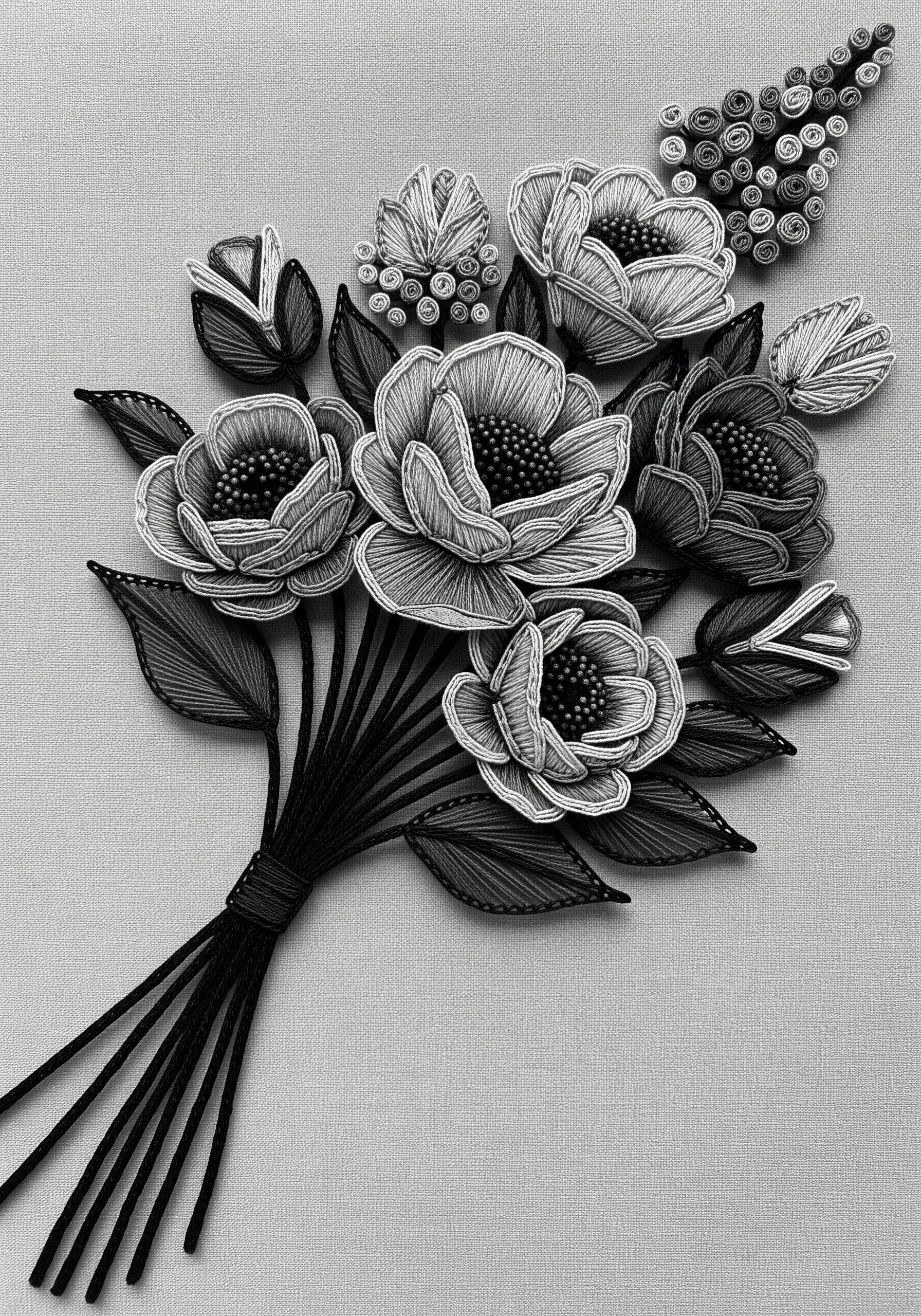 A black-and-white embroidered floral bouquet with bold outlines and textural fills.