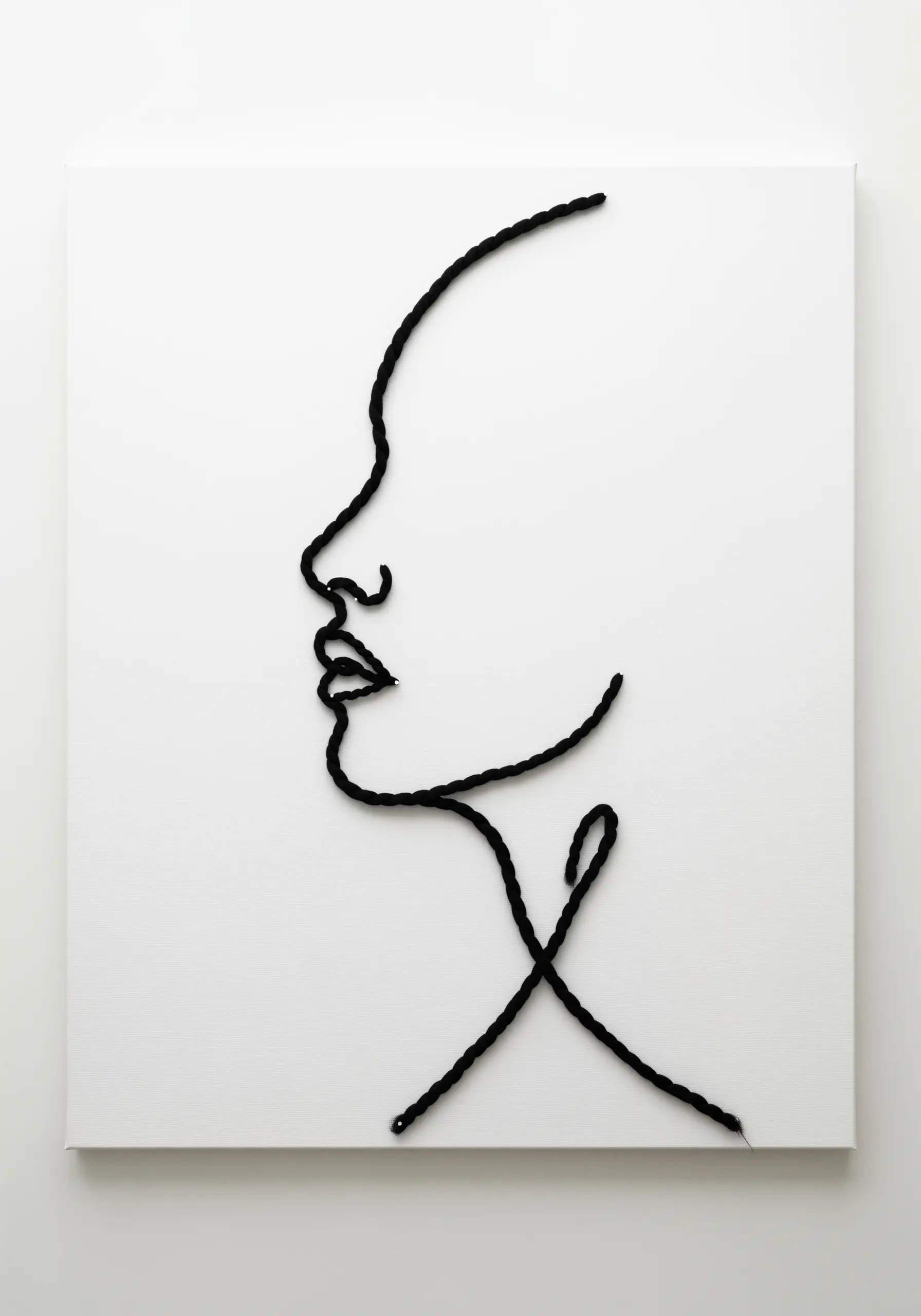 Minimalist line art portrait of a face, created with a single piece of black yarn on a white canvas.
