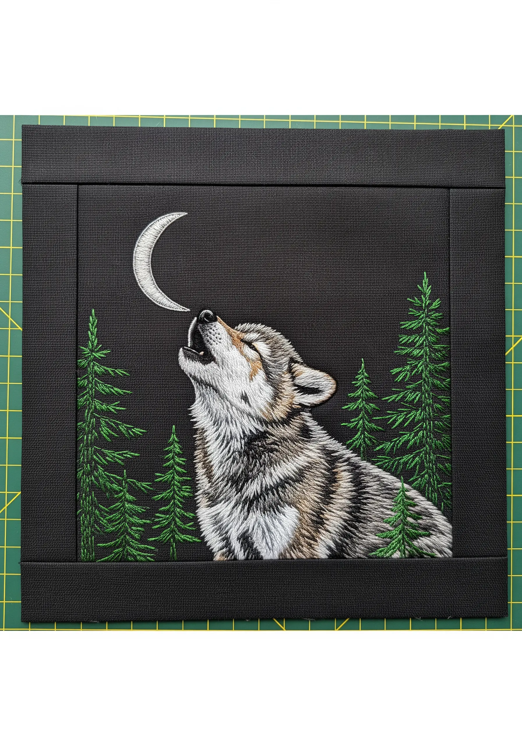 Embroidered howling wolf with dramatic moonlight highlights on dark fabric.