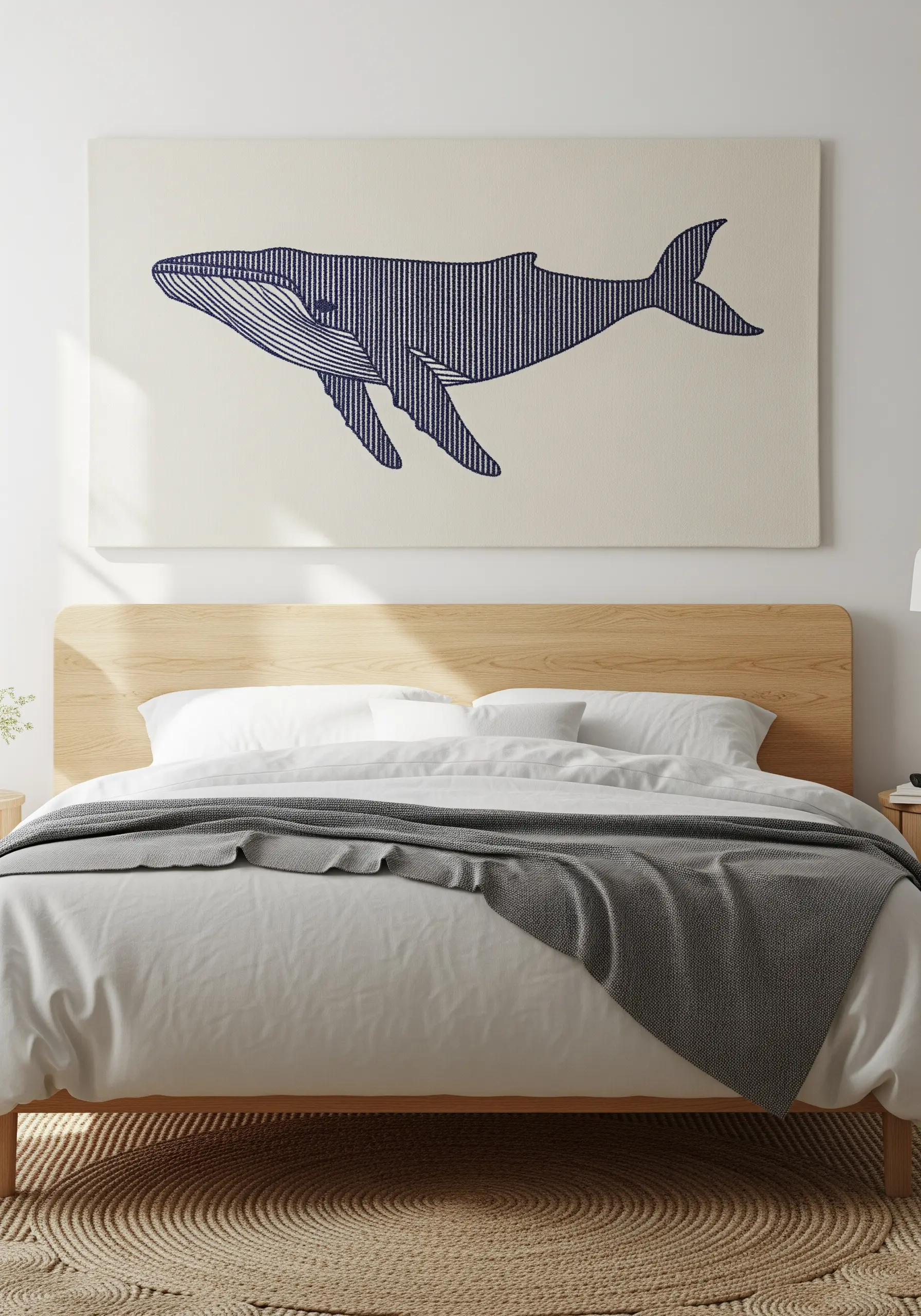 Minimalist embroidered whale created with vertical navy blue lines on a large canvas.
