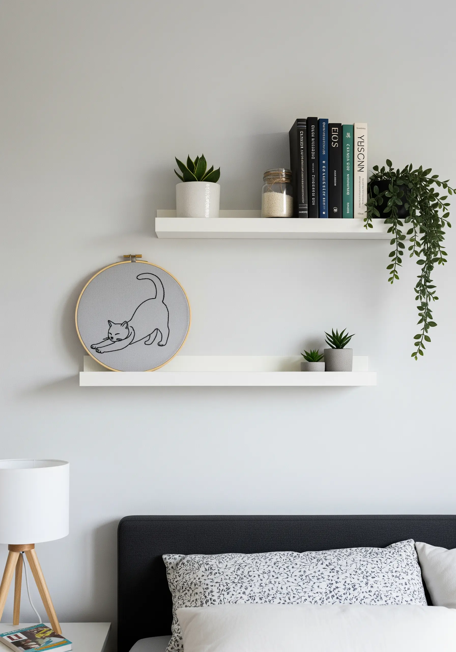 A simple line art embroidery of a stretching cat, displayed on a floating shelf.