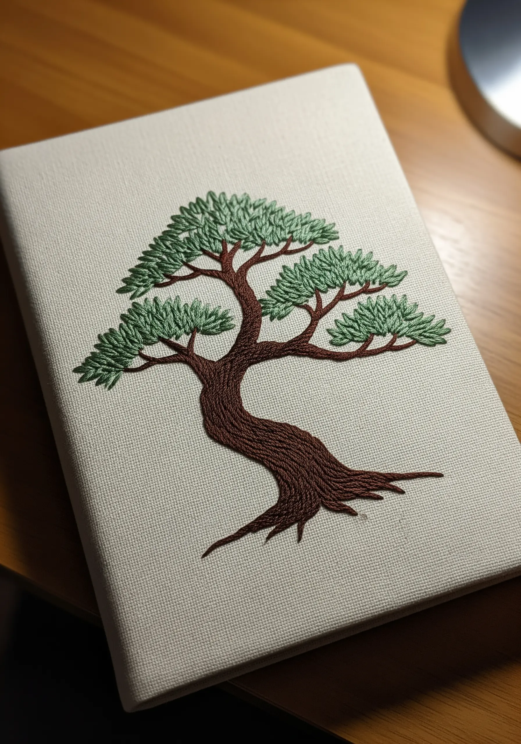 A detailed bonsai tree with textured brown trunk and green satin-stitched leaves on canvas.