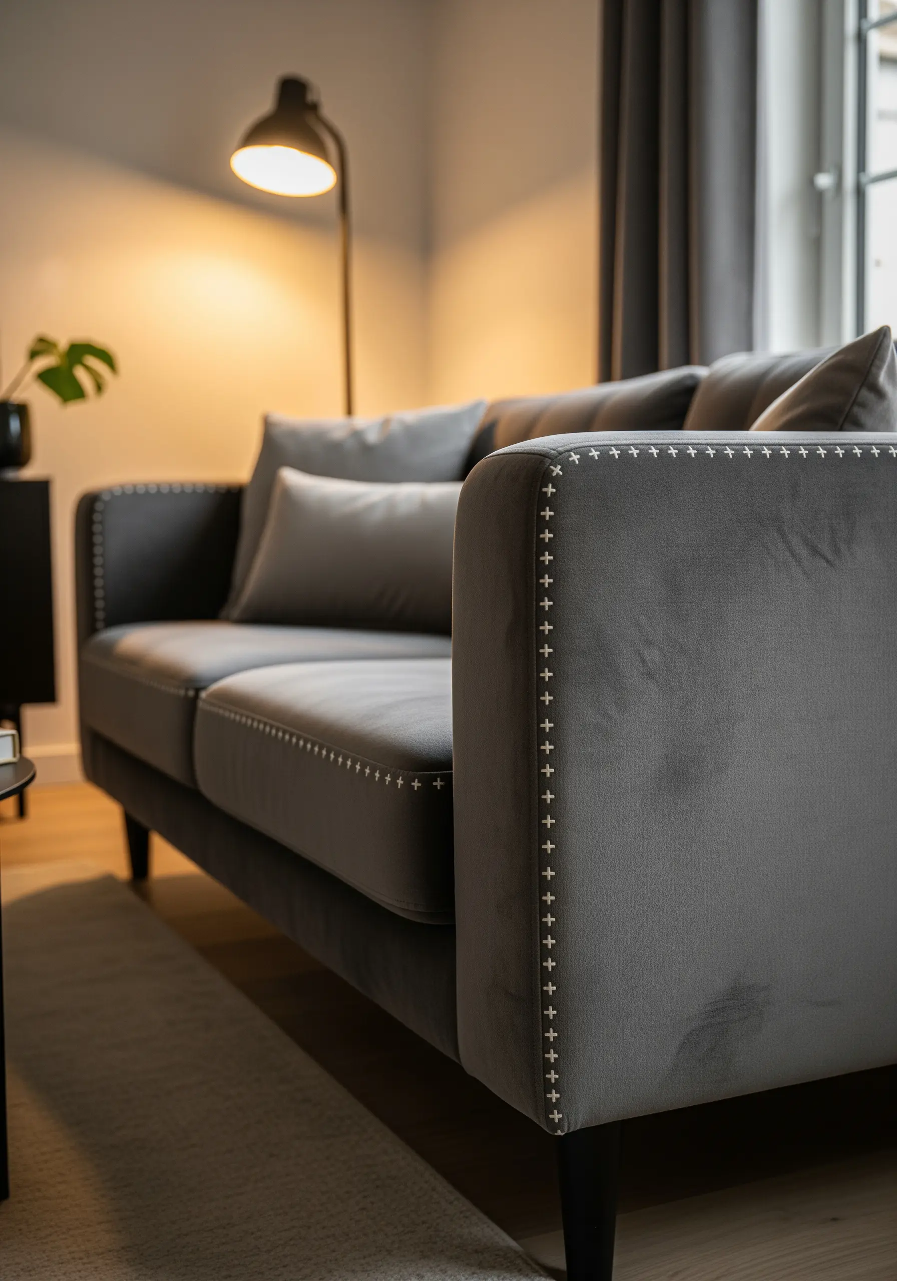 White cross-stitches embroidered along the seam of a dark grey velvet sofa arm.