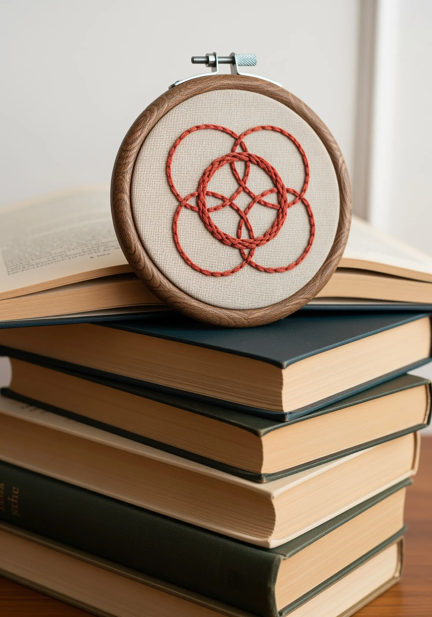 Interlocking geometric circles in a Celtic knot style, stitched with red whipped backstitch.