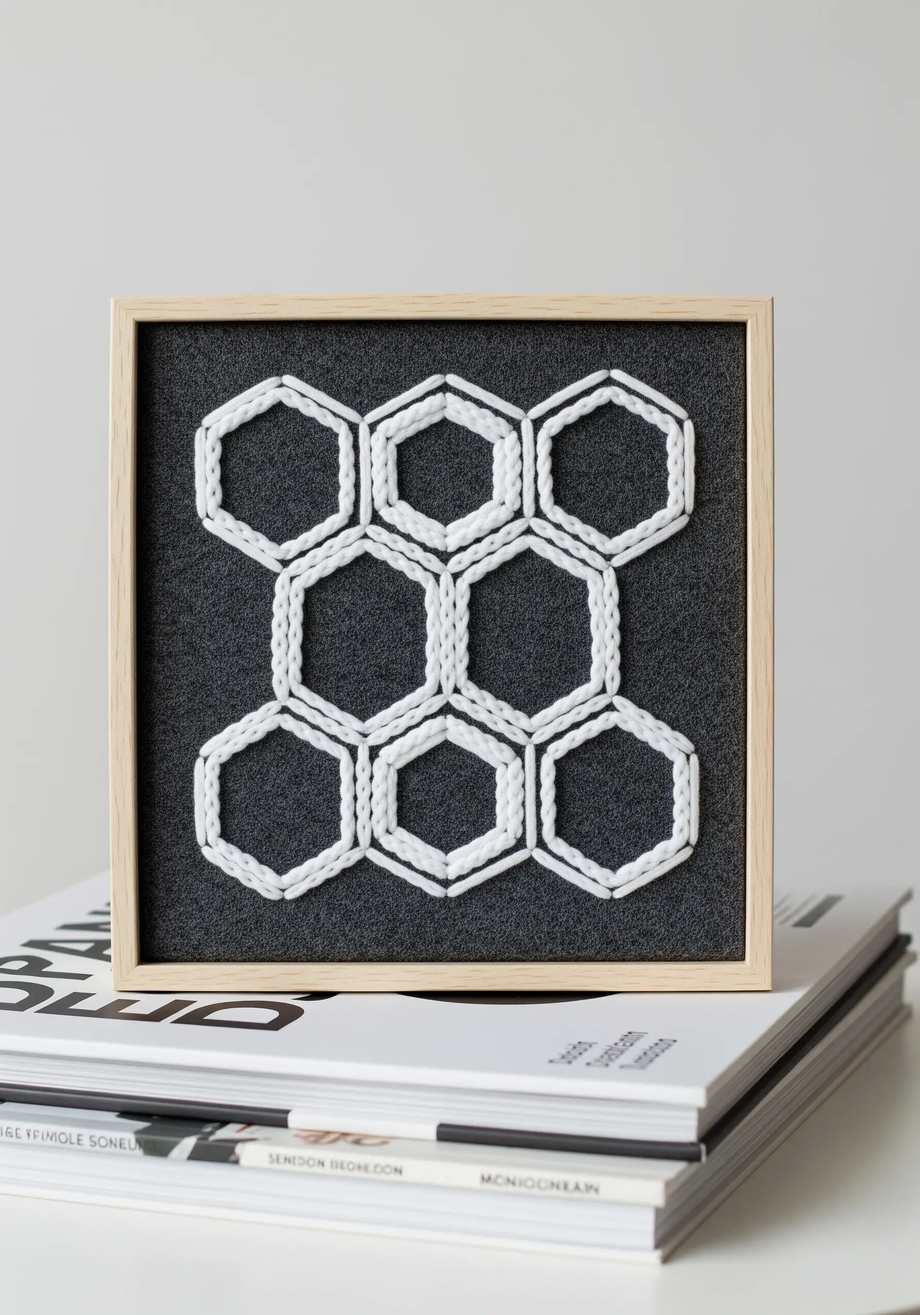 White whipped backstitch creating a honeycomb pattern on dark gray felt.