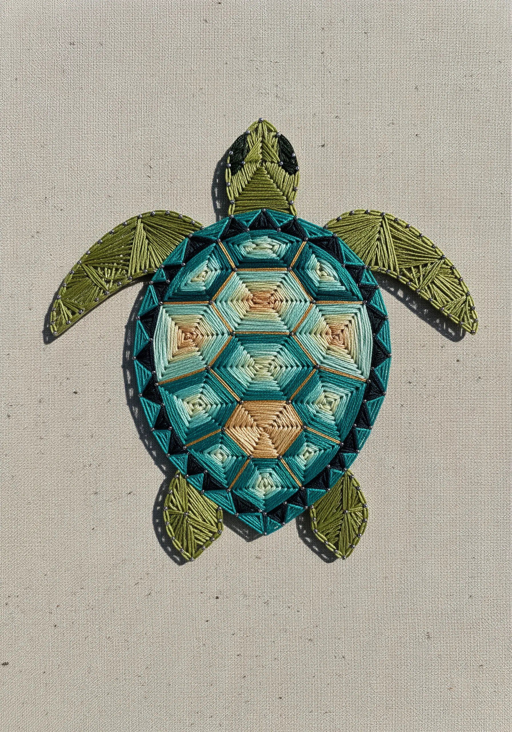 Sea turtle embroidery with a geometric shell pattern in shades of blue, green, and tan.