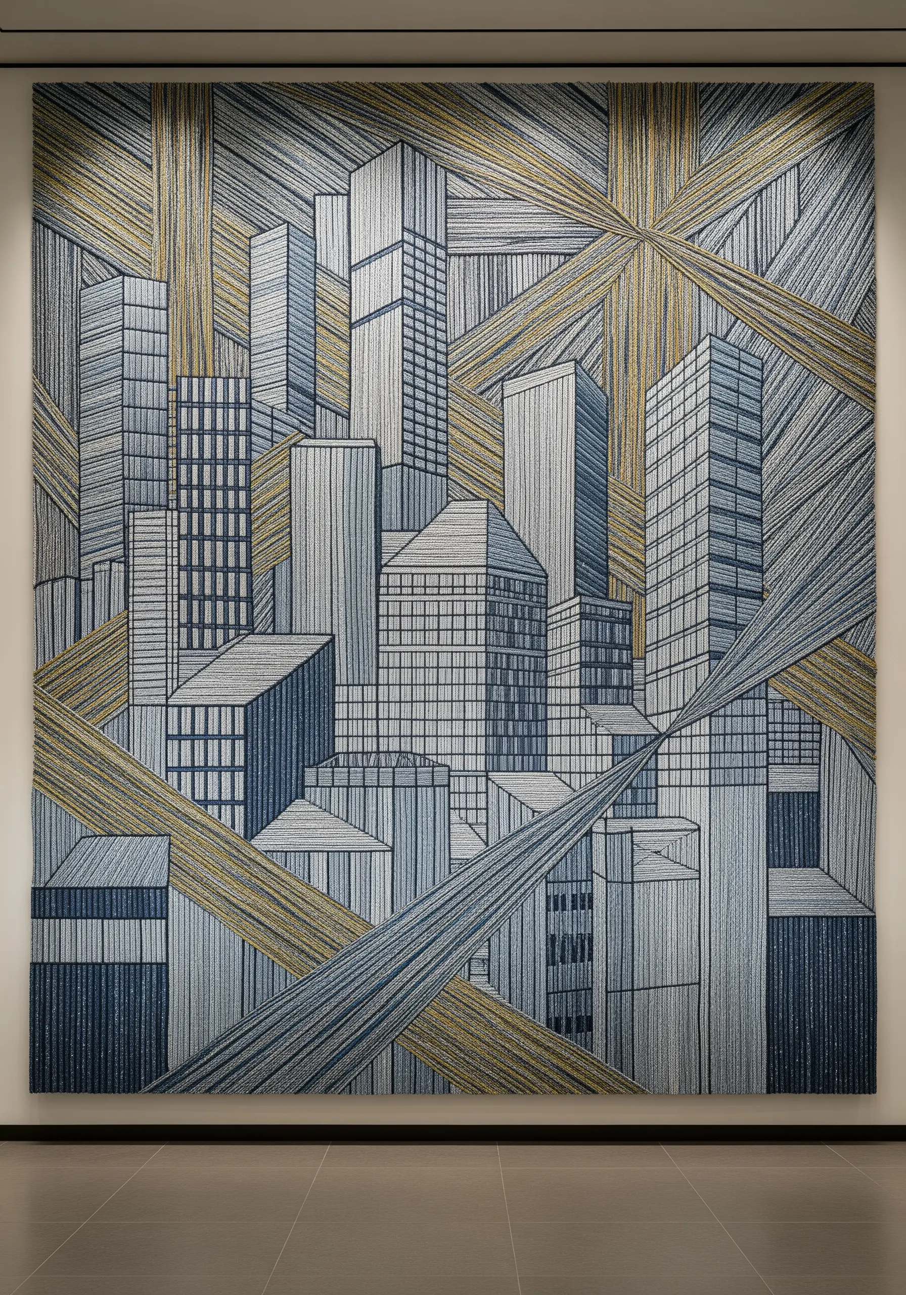 Large-scale geometric and abstract embroidered wall art of a cityscape.